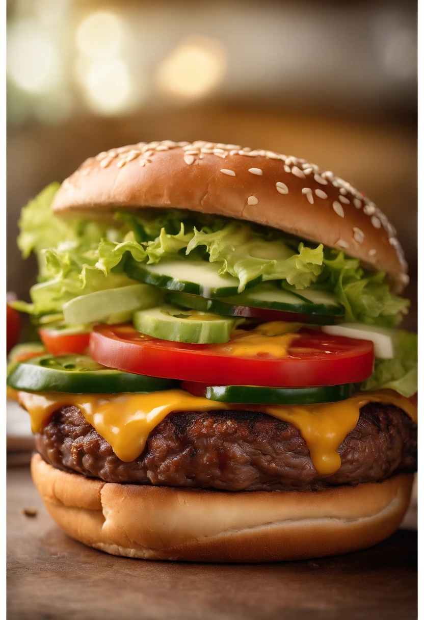 A realistic photograph of a cheeseburger with a melty slice of pepper jack cheese, showcasing a perfectly grilled beef patty, complemented by a heap of crunchy lettuce, juicy tomato slices, zesty jalapenos, and a smear of creamy chipotle sauce, nestled within a toasted pretzel bun.