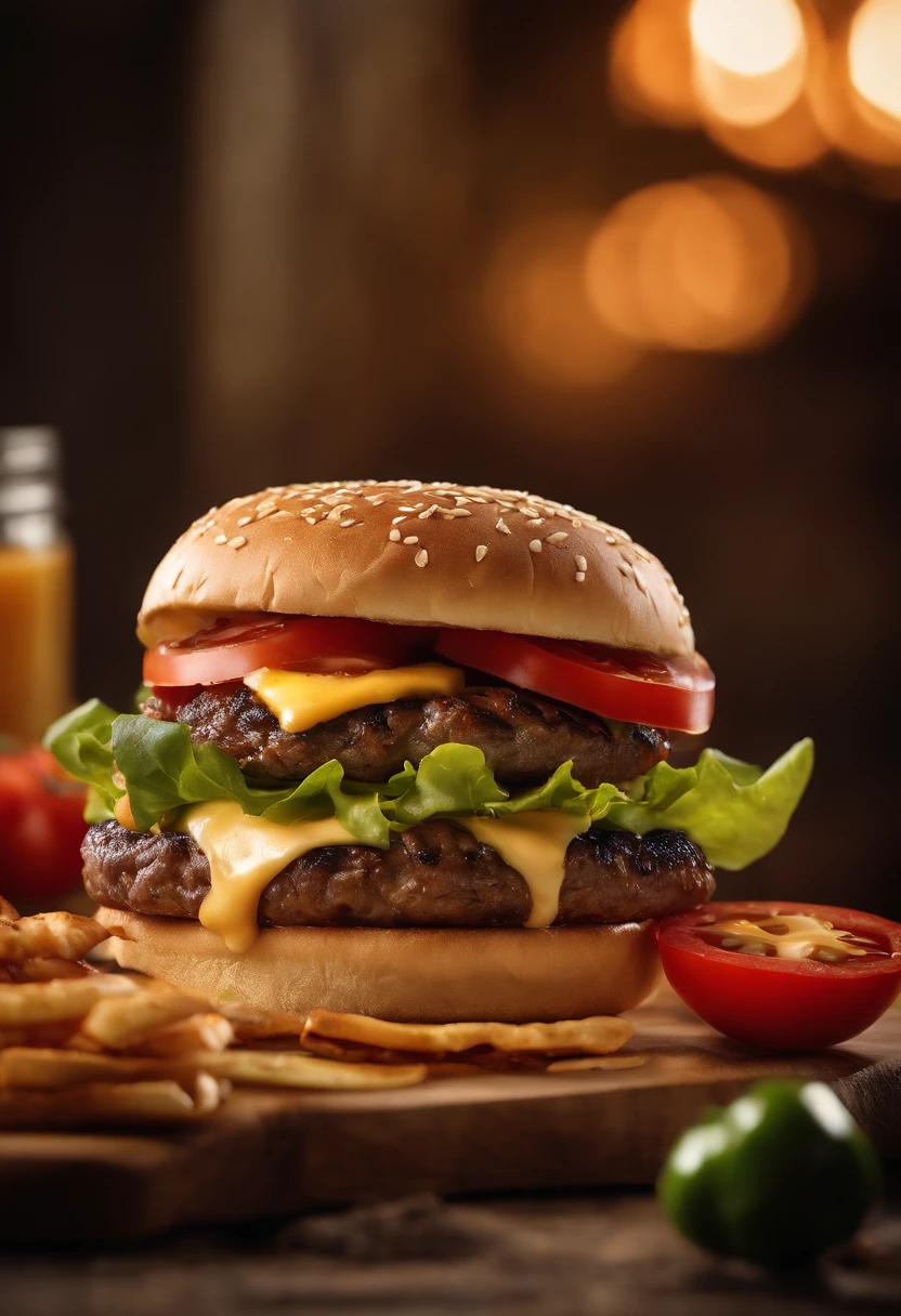 A realistic photograph of a cheeseburger with a melty slice of pepper jack cheese, showcasing a perfectly grilled beef patty, complemented by a heap of crunchy lettuce, juicy tomato slices, zesty jalapenos, and a smear of creamy chipotle sauce, nestled within a toasted pretzel bun.