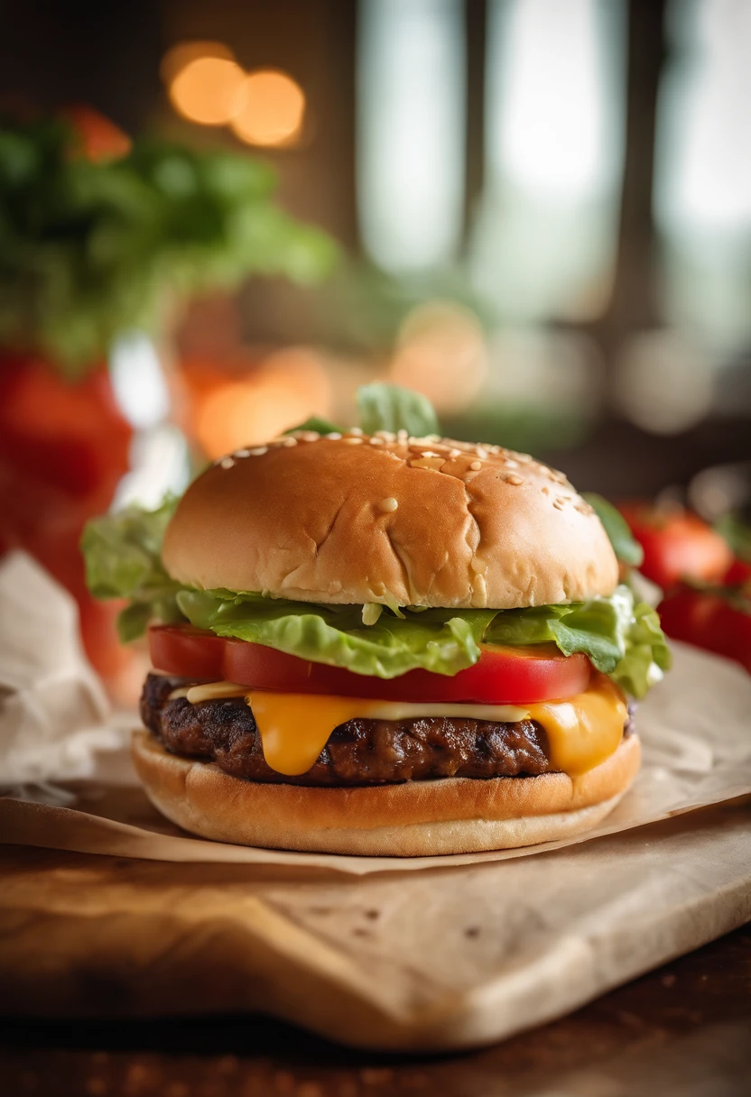 A realistic photograph of a cheeseburger with a melty slice of pepper jack cheese, showcasing a perfectly grilled beef patty, complemented by a heap of crunchy lettuce, juicy tomato slices, zesty jalapenos, and a smear of creamy chipotle sauce, nestled within a toasted pretzel bun.