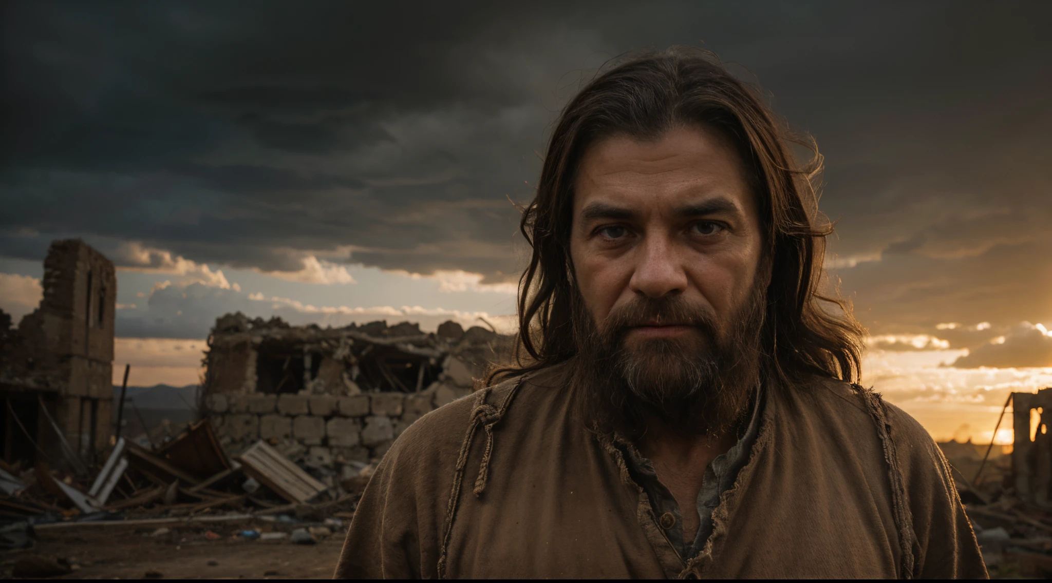 best quality, ultra-detailed, realistic:1.37), old-time man, Job with a brown tunic, in a scene of destruction, biblical era, portraits, ruins, sadness, ancient setting, worn-out buildings, devastated landscape, dramatic lighting, dark colors, stormy sky, gloomy atmosphere, expressive face, wrinkles, long beard, tired eyes, intense emotions.