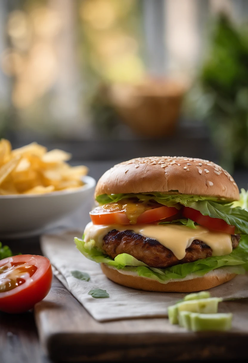 An artistic image of a cheeseburger featuring a slice of smoked gouda cheese gently melting over a mouthwatering grilled chicken patty, accompanied by crisp romaine lettuce, sun-ripened tomato slices, creamy avocado, and a drizzle of tangy ranch dressing, all nestled within a soft, whole wheat bun.