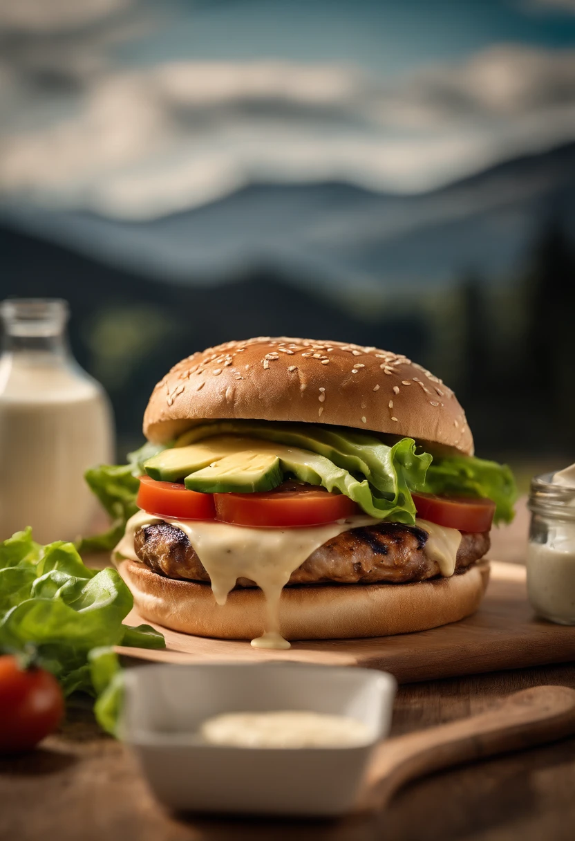 An artistic image of a cheeseburger featuring a slice of smoked gouda cheese gently melting over a mouthwatering grilled chicken patty, accompanied by crisp romaine lettuce, sun-ripened tomato slices, creamy avocado, and a drizzle of tangy ranch dressing, all nestled within a soft, whole wheat bun.