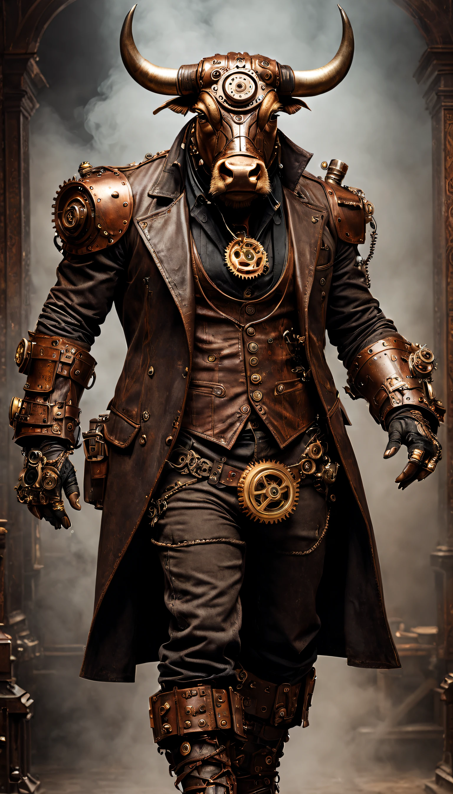 steampunc,((Anthropomorphic bull)),musculous,Steampunk clothing,Mechanical gears integrated into clothing,Intricate patterns on clothing,sturdy leather boots,Steam power accessories,Brass buttons and buckles、copper accents、metal arm gloves、Gears and cogs protruding from the arms、Smoke and steam emitted by characters、melancholy lighting、Dark and atmospheric background、Rusty metal texture、Vintage color palette、Tough and rugged aesthetic、Energetic posture、Art Nouveau inspiration,dramatic shadow,intricate tattoos。(best qualtiy,4k,8k,Tall structures,tmasterpiece:1.2)。