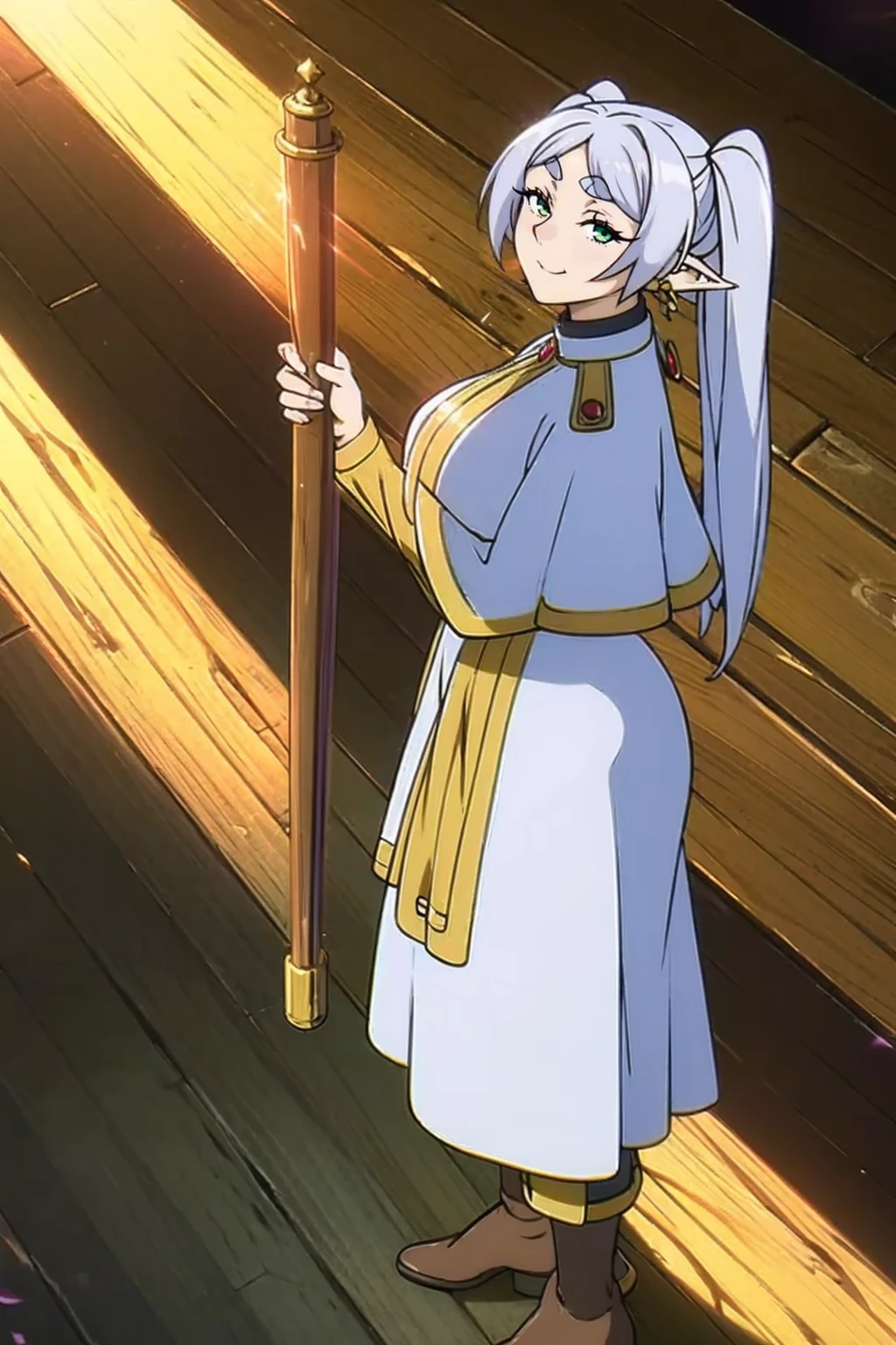 1girl,solo,elf,white hair,grey hair,earrings,pointy ears,long hair,ponytail,green eyes,twintails,parted bangs,thick eyebrows,,, holy magicalgirl, open mouth fang, holy haura, halo, smile, joyfull, paladin, sword holding, full body , boots, standing,cute,breast, curvy, female,fantasy goddess,there is a cartoon picture of a woman with a very large breast, glowing angelic being, glowing holy aura, inspired by Luma Rouge, the non-binary deity of spring, ethereal rainbow nimbus, the butterfly goddess of fire, inspired by Mariel, glowing aura around her, astral fairy, as the goddess of the sun, “uwu the prismatic person, big breast, serious, beautiful eyes, , full body, walking, long robe, long dress, ,priestess ,holy, smile, god rays, ray tracing, sparkle, cinematic lighting, UHD, retina, masterpiece, ccurate, anatomically correct, textured skin, super detail, high details, high quality, award winning, best quality, highres, 1080P, HD, 4K, thunder aura, light aura,full