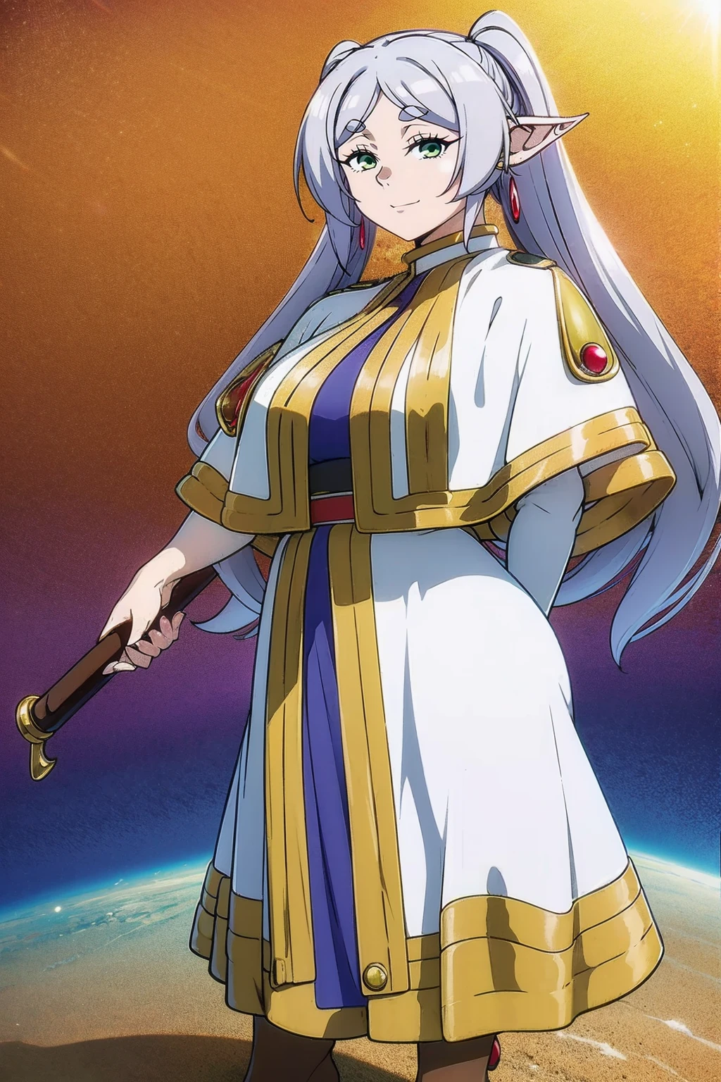 1girl,solo,elf,white hair,grey hair,earrings,pointy ears,long hair,ponytail,green eyes,twintails,parted bangs,thick eyebrows,,, holy magicalgirl, open mouth fang, holy haura, halo, smile, joyfull, paladin, sword holding, full body , boots, standing,cute,breast, curvy, female,fantasy goddess,there is a cartoon picture of a woman with a very large breast, glowing angelic being, glowing holy aura, inspired by Luma Rouge, the non-binary deity of spring, ethereal rainbow nimbus, the butterfly goddess of fire, inspired by Mariel, glowing aura around her, astral fairy, as the goddess of the sun, “uwu the prismatic person, big breast, serious, beautiful eyes, , full body, walking, long robe, long dress, ,priestess ,holy, smile, god rays, ray tracing, sparkle, cinematic lighting, UHD, retina, masterpiece, ccurate, anatomically correct, textured skin, super detail, high details, high quality, award winning, best quality, highres, 1080P, HD, 4K, thunder aura, light aura,full