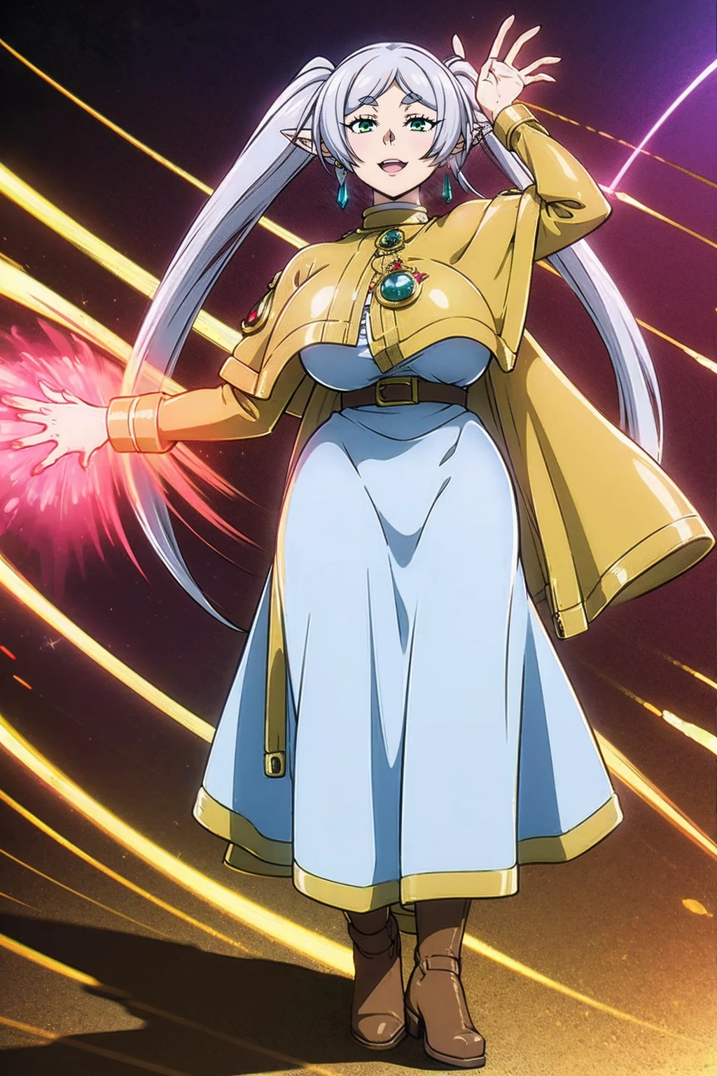1girl,solo,elf,white hair,grey hair,earrings,pointy ears,long hair,ponytail,green eyes,twintails,parted bangs,thick eyebrows,,, holy magicalgirl, open mouth fang, holy haura, halo, smile, joyfull, paladin, sword holding, full body , boots, standing,cute,breast, curvy, female,fantasy goddess,there is a cartoon picture of a woman with a very large breast, glowing angelic being, glowing holy aura, inspired by Luma Rouge, the non-binary deity of spring, ethereal rainbow nimbus, the butterfly goddess of fire, inspired by Mariel, glowing aura around her, astral fairy, as the goddess of the sun, “uwu the prismatic person, big breast, serious, beautiful eyes, , full body, walking, long robe, long dress, ,priestess ,holy, smile, god rays, ray tracing, sparkle, cinematic lighting, UHD, retina, masterpiece, ccurate, anatomically correct, textured skin, super detail, high details, high quality, award winning, best quality, highres, 1080P, HD, 4K, thunder aura, light aura,full