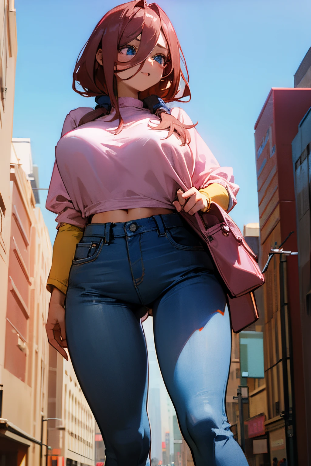 huge breast, giantess, pink top, jeans, city in the background