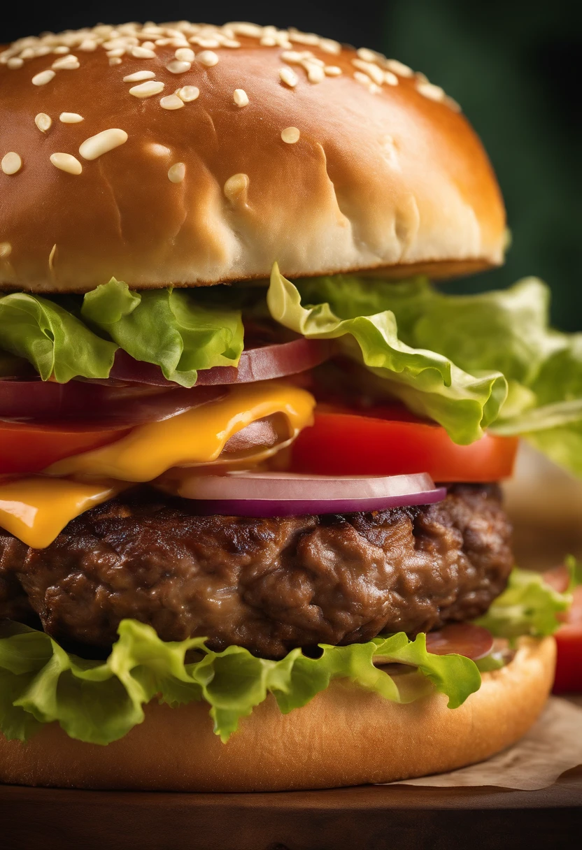 A high-resolution photograph of a double cheeseburger, stacked with two perfectly seared beef patties, each topped with a slice of melted provolone cheese, layered with fresh lettuce, tangy pickles, juicy tomato slices, and a generous spread of special sauce, all hugged by a toasted brioche bun.