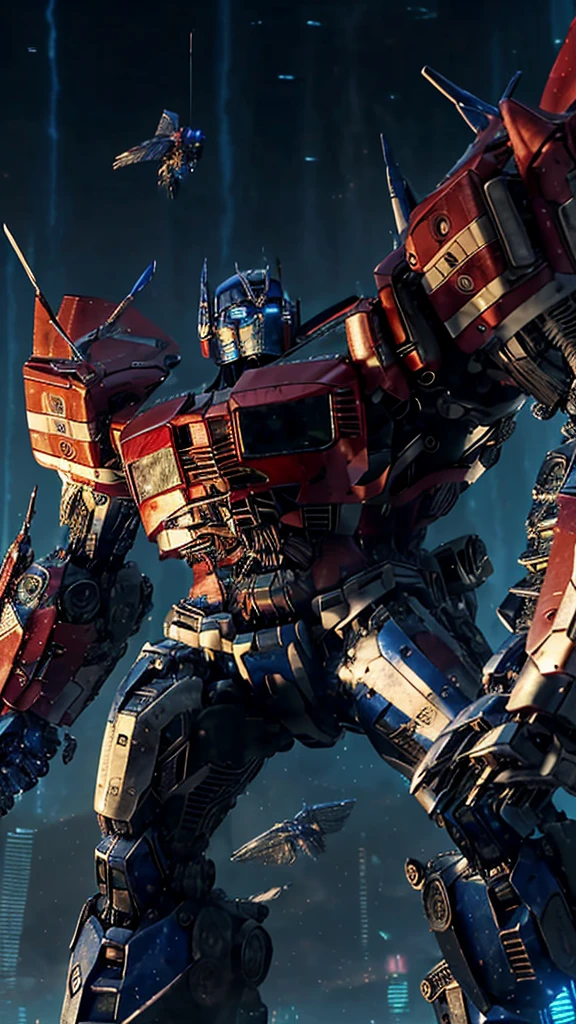 ((Best quality)), ((masterpiece)), (highly detailed:1.3), 3D, beautiful, (cyberpunk:1.2), in space,optimus prime from transformer series,very detailed, holding_weapon, facing the viewer, glowing eyes, full body, (flying, swooping down, dynamic, motion blur: 1.4), (huge mecha wings: 1.6), looking up, glowing_eyes, mecha, panorama, background is earth, nebula, space, particles, reality, HDR (High Dynamic Range), Ray Tracing, NVIDIA RTX, Super Resolution, Unreal 5, Subsurface Scattering, PBR Texturing, Post Processing, Anisotropic Filtering, Depth of Field, Maximum Clarity and Clarity, Multilayer Textures, Albedo and Specular map, Surface shading, accurate simulation of light-material interaction, perfect proportion, Octane Render, two-tone lighting, large aperture, low ISO, white balance, rule of thirds, 8K RAW, efficient sub-pixel, sub-pixel convolution,