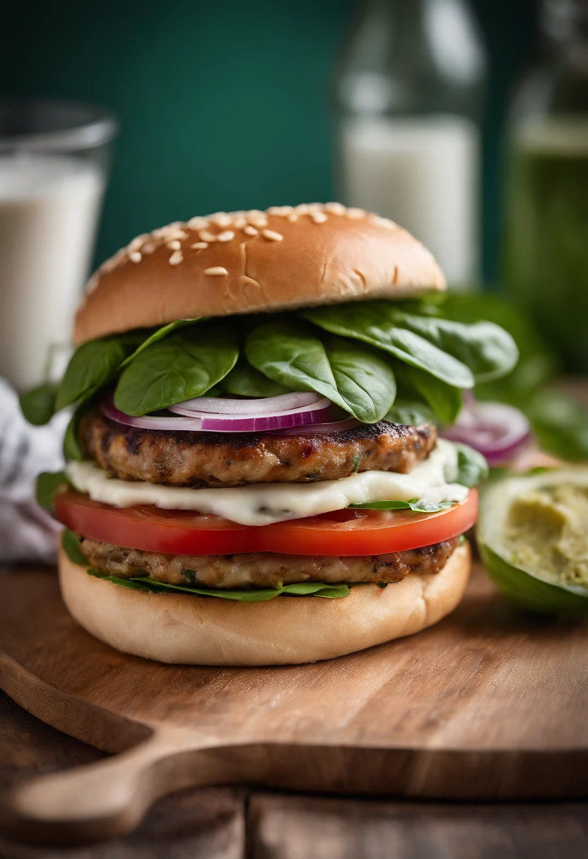 A detailed shot of a cheeseburger with a melting slice of mozzarella cheese blanketing a tender turkey patty, adorned with crisp baby spinach leaves, juicy tomato slices, sliced red onion, and a smear of zesty basil pesto, all enveloped by a fluffy whole grain bun.