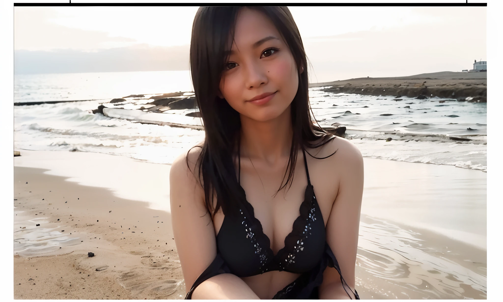 there is a woman in a black bikini sitting on the beach, Mayuri Shiina, Chiho de Aoshima, Ai Yazawa, young pretty gravure idol, young gravure idol, young skinny gravure idol, [HD 32k |]^10, young sensual gravure idol, realistic young gravure idol, Kotegawa Yui