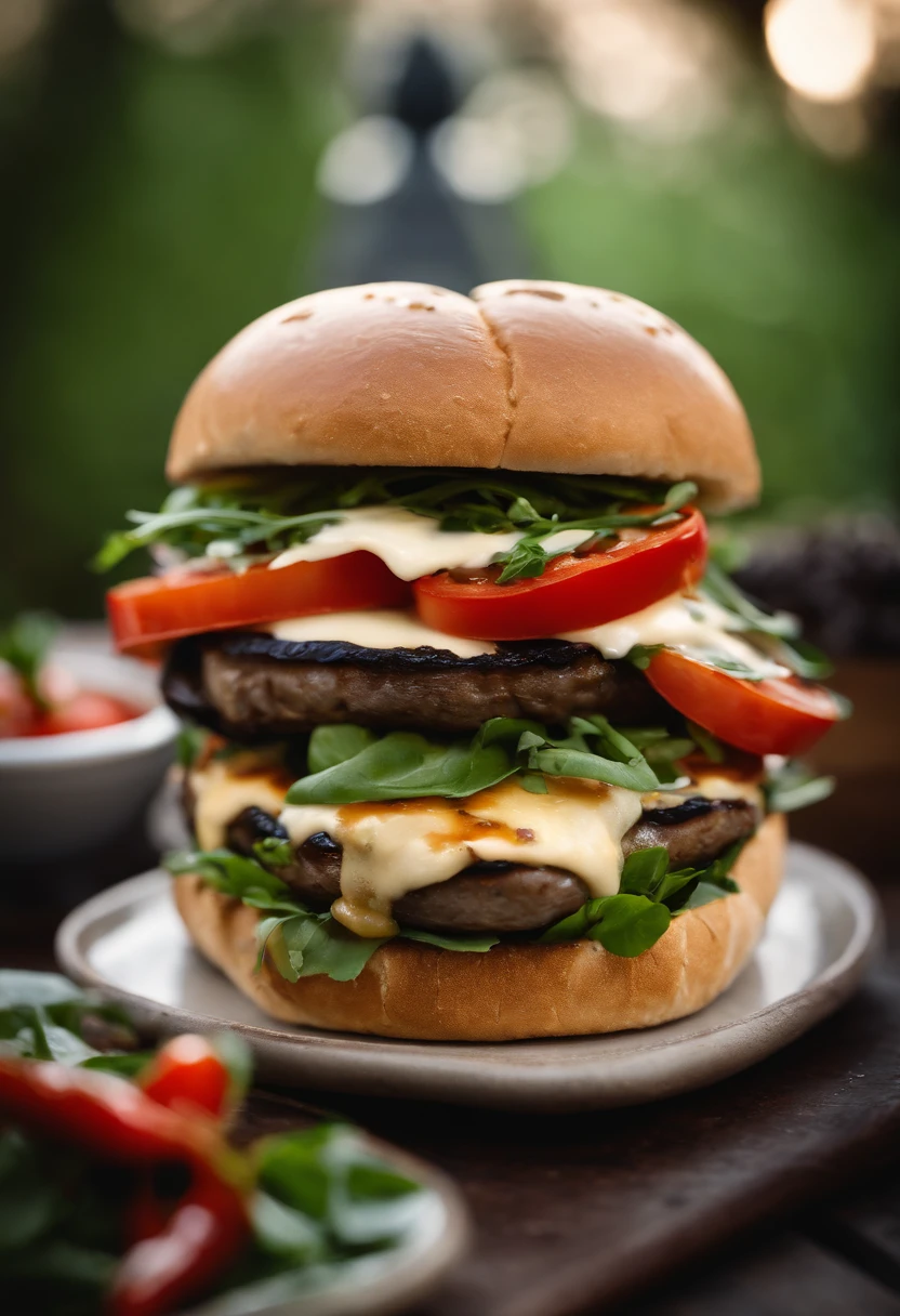 An aesthetic image of a vegetarian cheeseburger, featuring a grilled portobello mushroom cap topped with melted Monterey Jack cheese, nestled on a bed of peppery arugula leaves, sliced tomatoes, grilled red peppers, and a drizzle of tangy balsamic glaze, all enclosed within a toasted ciabatta roll.