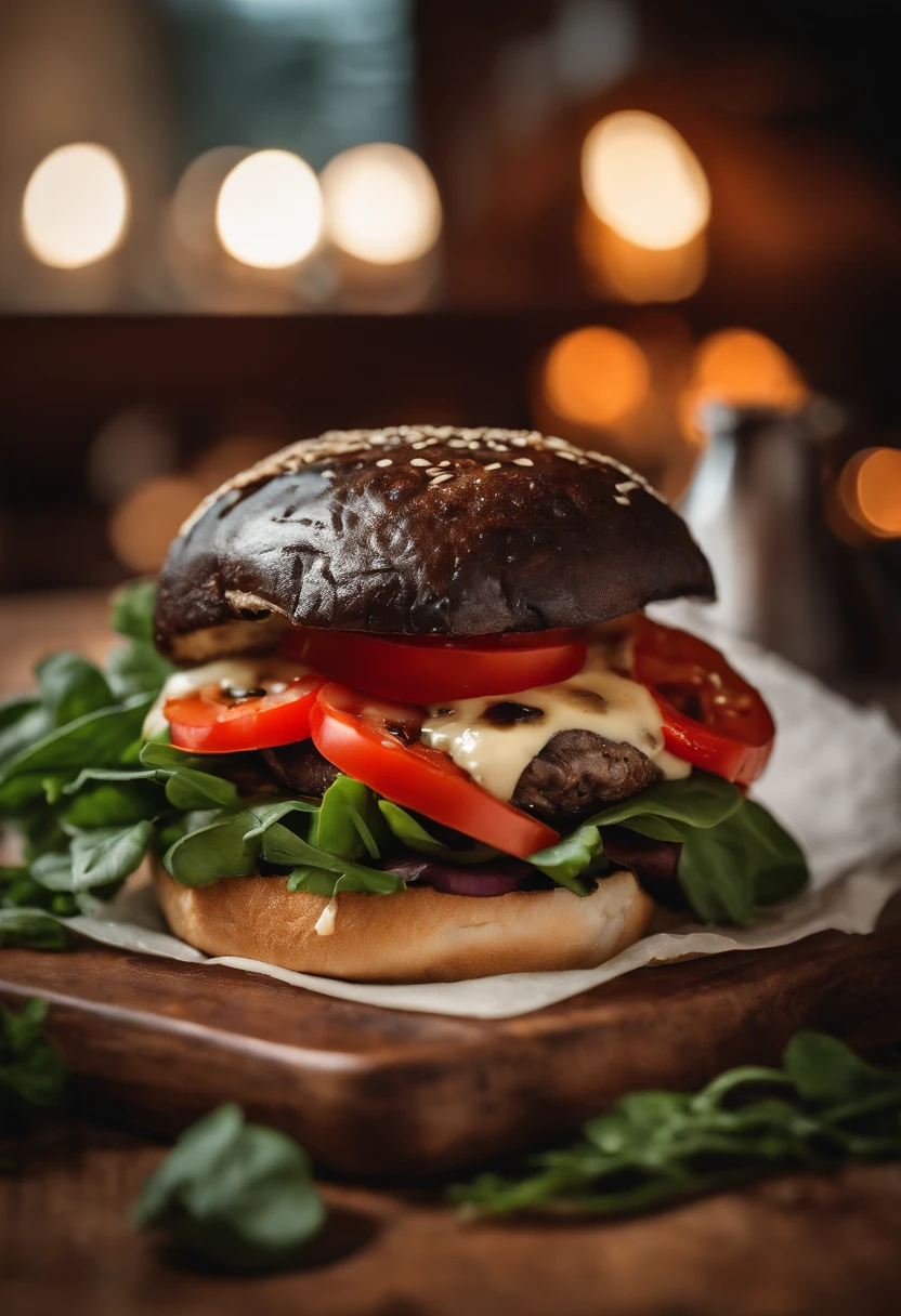An aesthetic image of a vegetarian cheeseburger, featuring a grilled portobello mushroom cap topped with melted Monterey Jack cheese, nestled on a bed of peppery arugula leaves, sliced tomatoes, grilled red peppers, and a drizzle of tangy balsamic glaze, all enclosed within a toasted ciabatta roll.