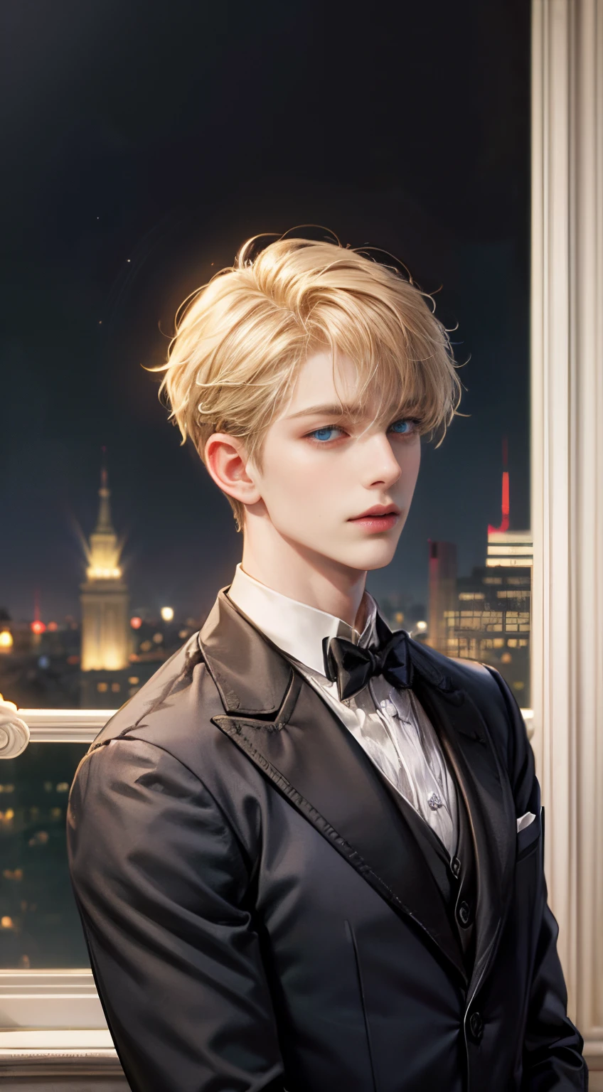 Beautiful One Boy, short blonde hair with bangs down, Blue eyes, Blurred background, high resolution mansion, wearing a beautiful butler&#39;s uniform