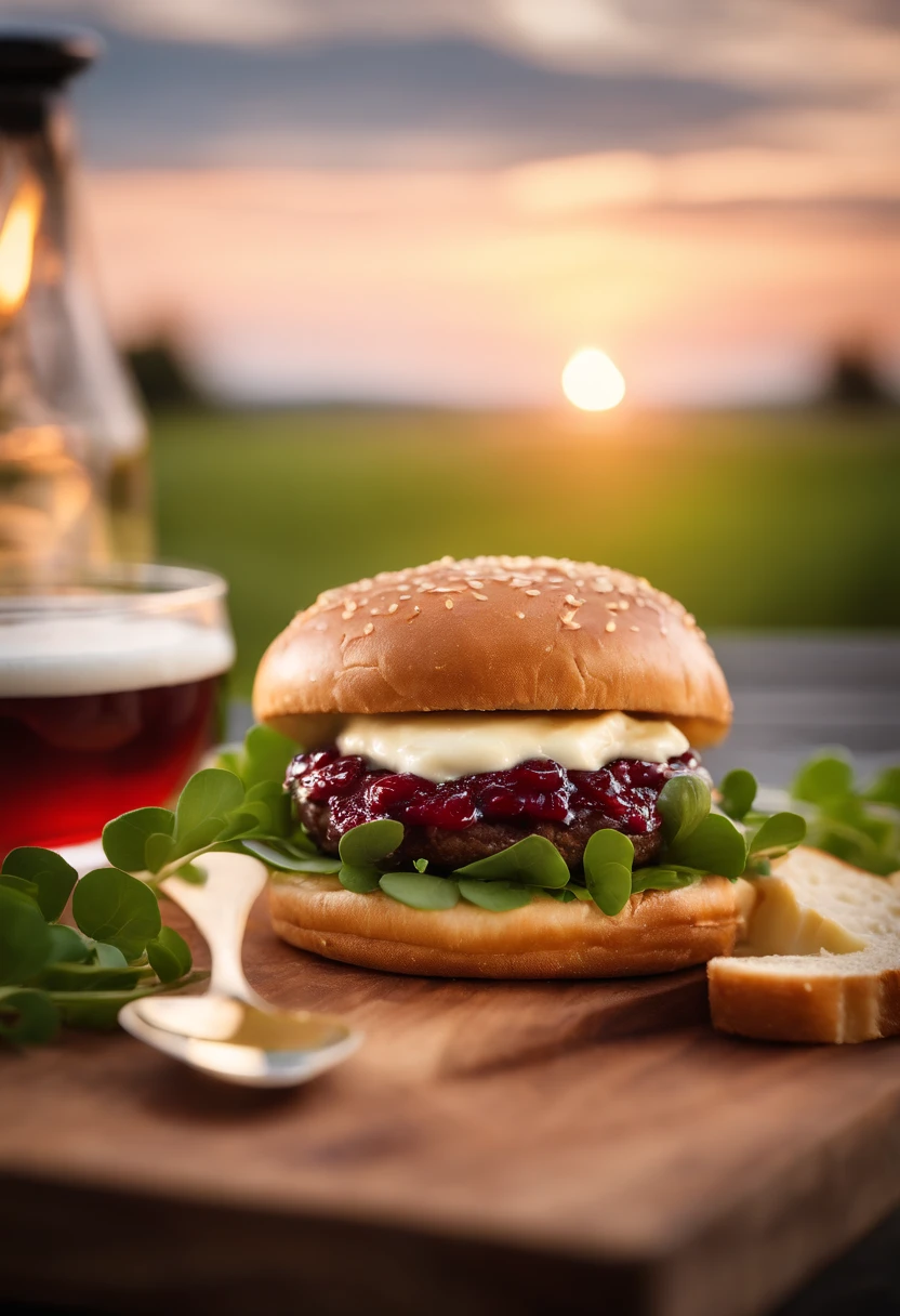 A realistic photograph of a cheeseburger with a decadent slice of camembert cheese melting over a juicy venison patty, complemented by fresh watercress leaves, caramelized onion jam, tangy cranberry sauce, and a touch of horseradish mayo, all embraced by a toasted brioche bun.