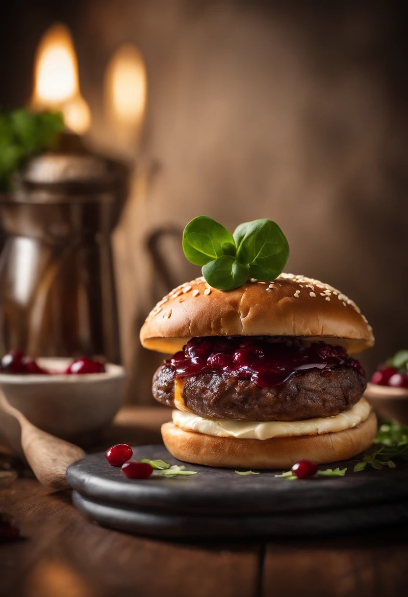 A realistic photograph of a cheeseburger with a decadent slice of camembert cheese melting over a juicy venison patty, complemented by fresh watercress leaves, caramelized onion jam, tangy cranberry sauce, and a touch of horseradish mayo, all embraced by a toasted brioche bun.