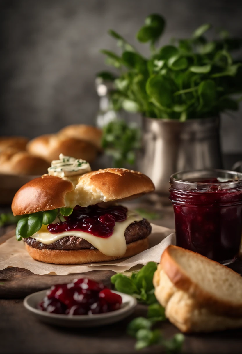 A realistic photograph of a cheeseburger with a decadent slice of camembert cheese melting over a juicy venison patty, complemented by fresh watercress leaves, caramelized onion jam, tangy cranberry sauce, and a touch of horseradish mayo, all embraced by a toasted brioche bun.