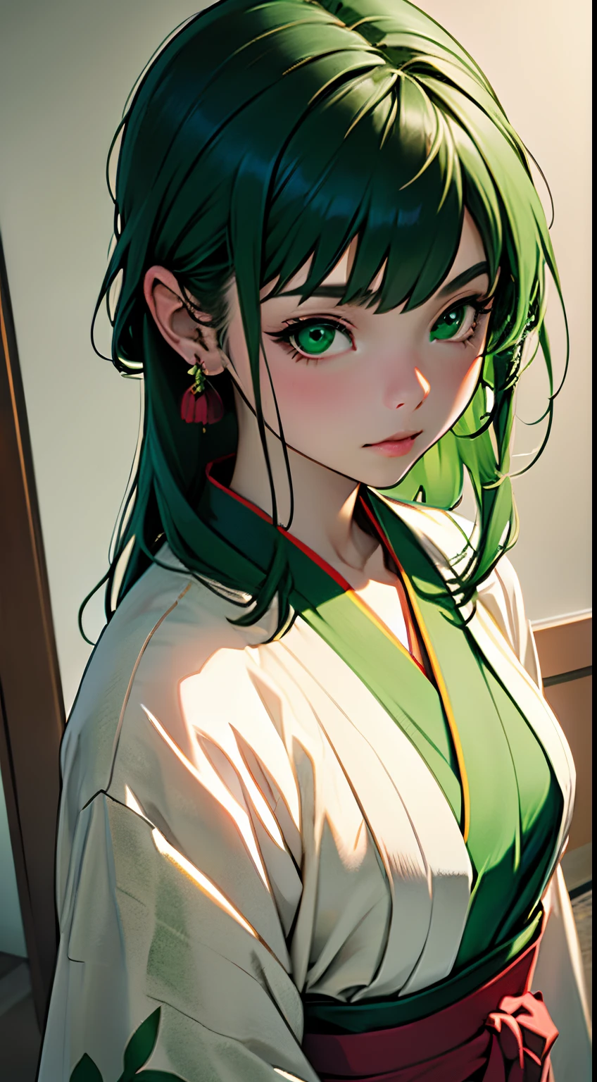 (((Green world:1.3)))、Best Quality, masutepiece, High resolution, (((1girl in))), sixteen years old,(((Eyes are green:1.3)))、Yamato Nadeshiko wears kimono beautifully、((12 Simple、traditional junihitoe)), Tindall Effect, Realistic, Shadow Studio,Ultramarine Lighting, dual-tone lighting, (High Detail Skins: 1.2)、Pale colored lighting、Dark lighting、 Digital SLR, Photo, High resolution, 4K, 8K, Background blur,Fade out beautifully、Green world