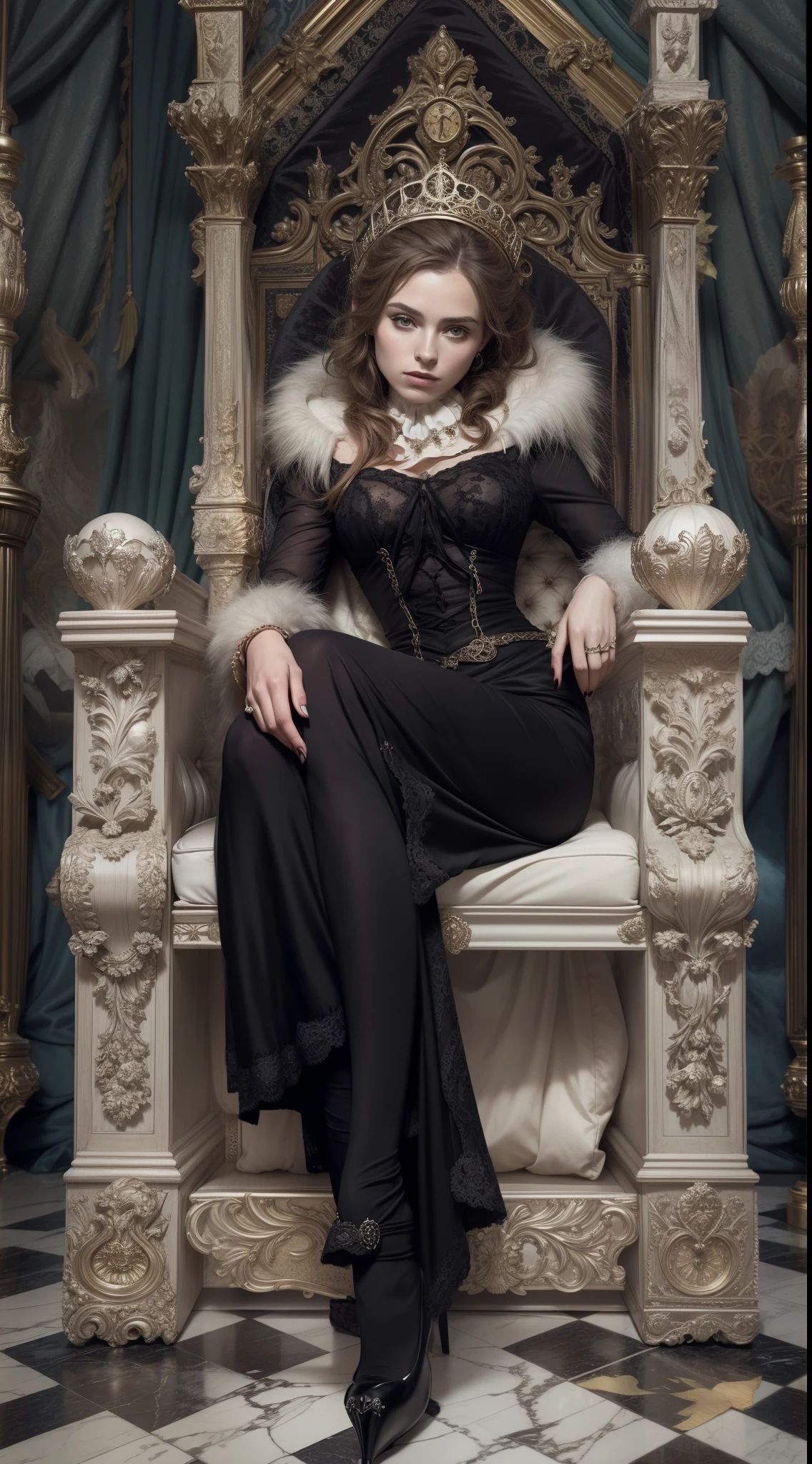 A portrait of a mysterious woman sitting in an ornate, gothic throne room, with subtle elements of fantasy and magical realism, painted with the dark and dramatic style of the Baroque period.