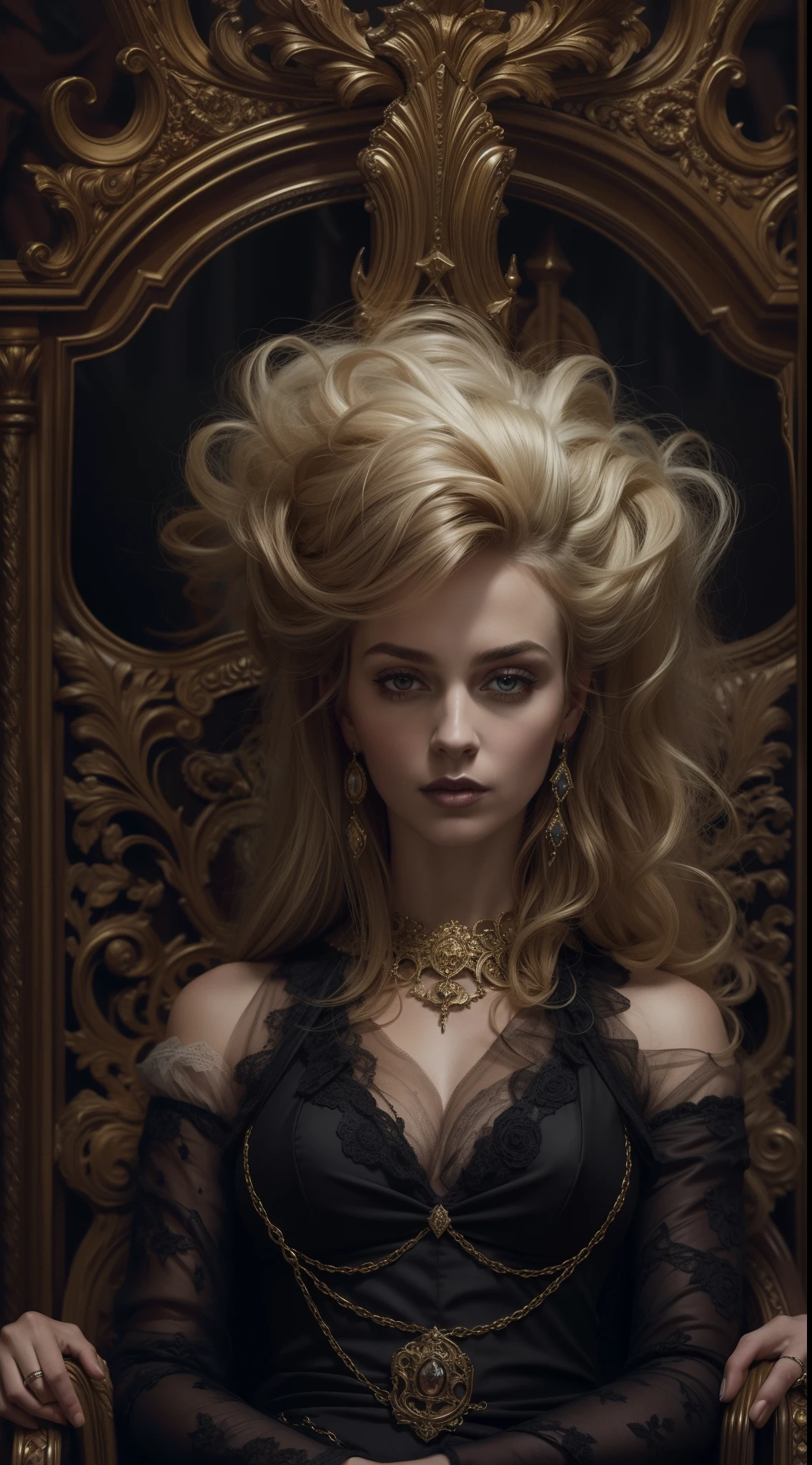A portrait of a mysterious woman sitting in an ornate, gothic throne room, with subtle elements of fantasy and magical realism, painted with the dark and dramatic style of the Baroque period.