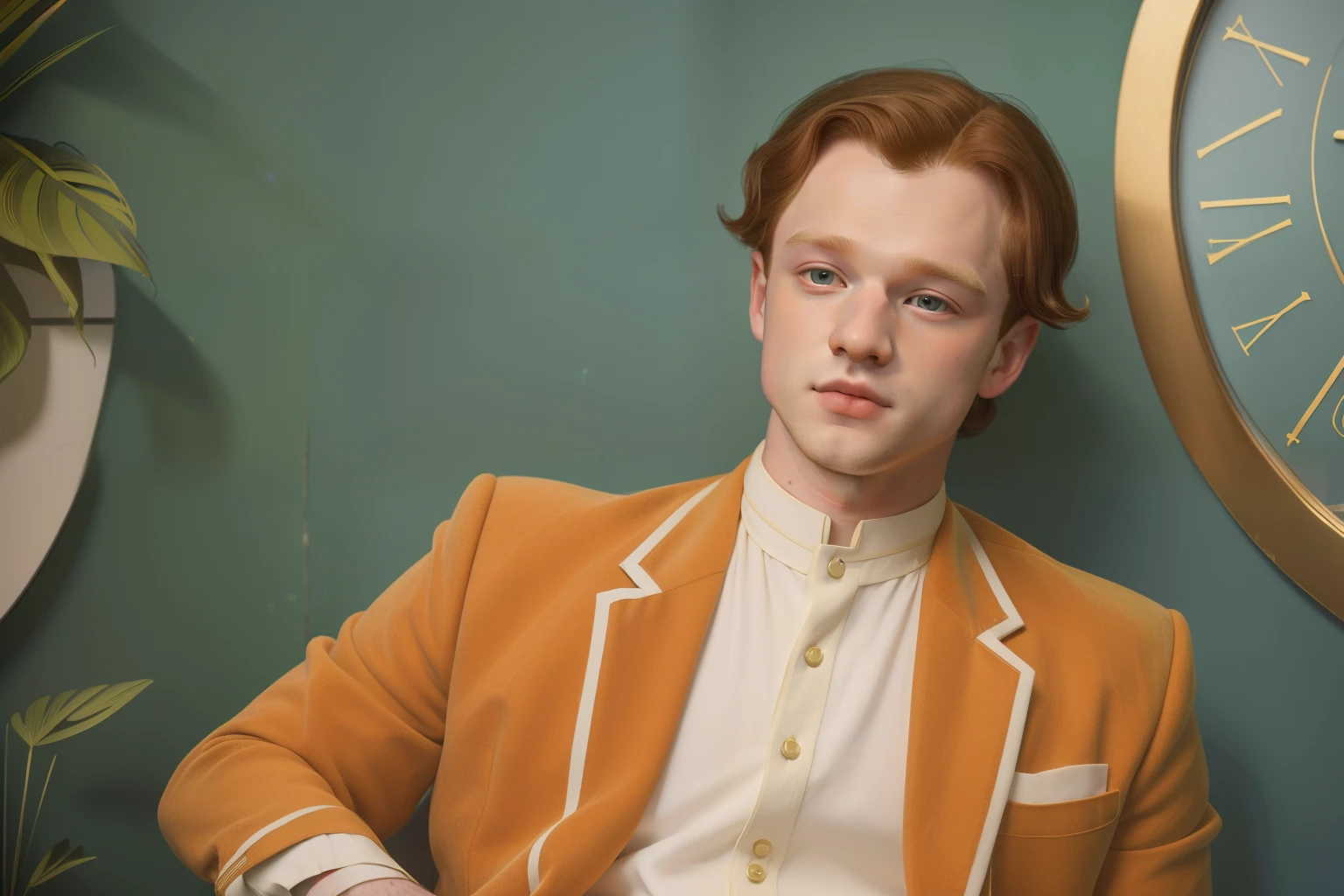 2023, London. Pre-raphaelite ((((30-year-old)) Patrick Gibson)), ((happiness expression)), ((((casual Clothing from the 2020s)))), ((Hairstyle of the 2020s)), ((Wes Anderson cinematic style)), colorful