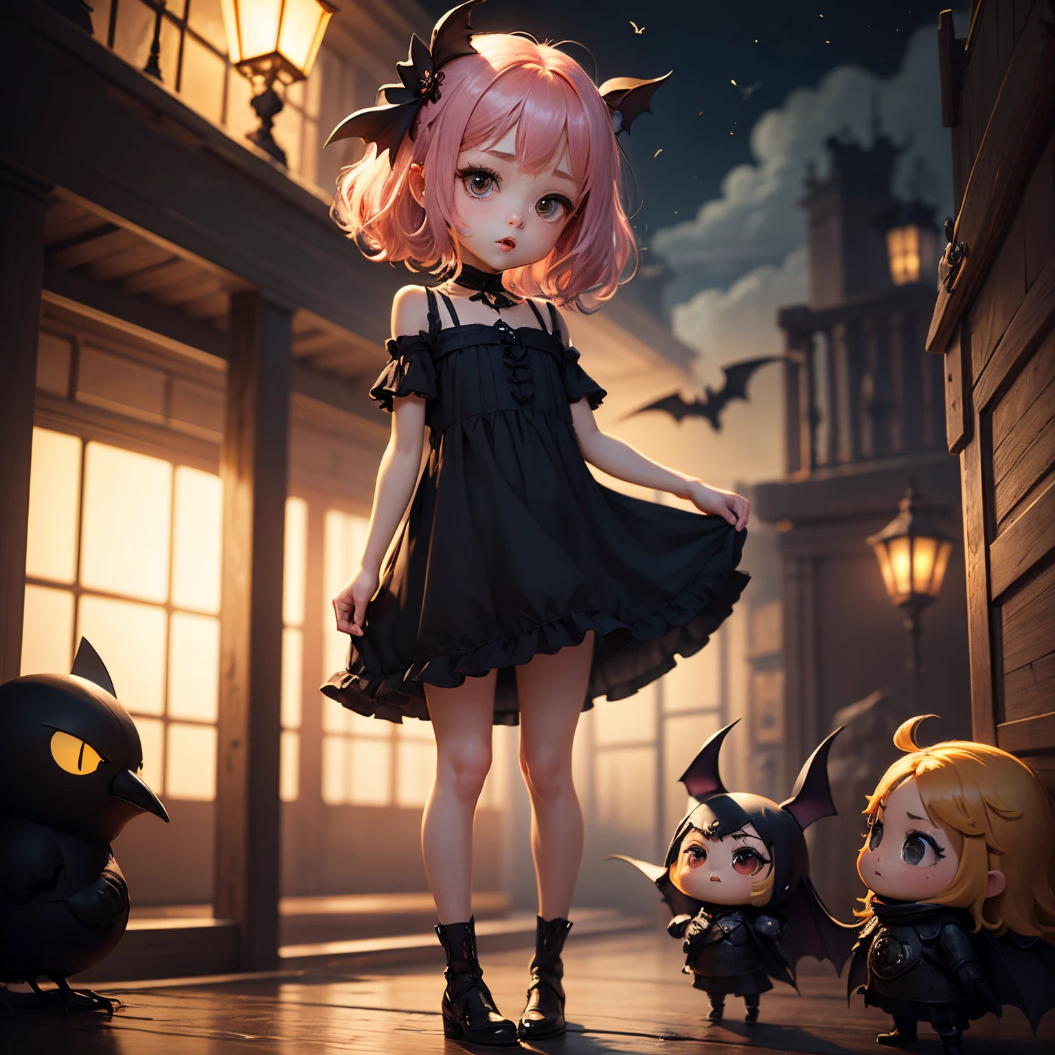 masterpiece、top-quality、ultra-detailliert、(1 daughter of a chibi character:1.2)、Black nightdress、a dark night、crows、the bats、Standing、Shout