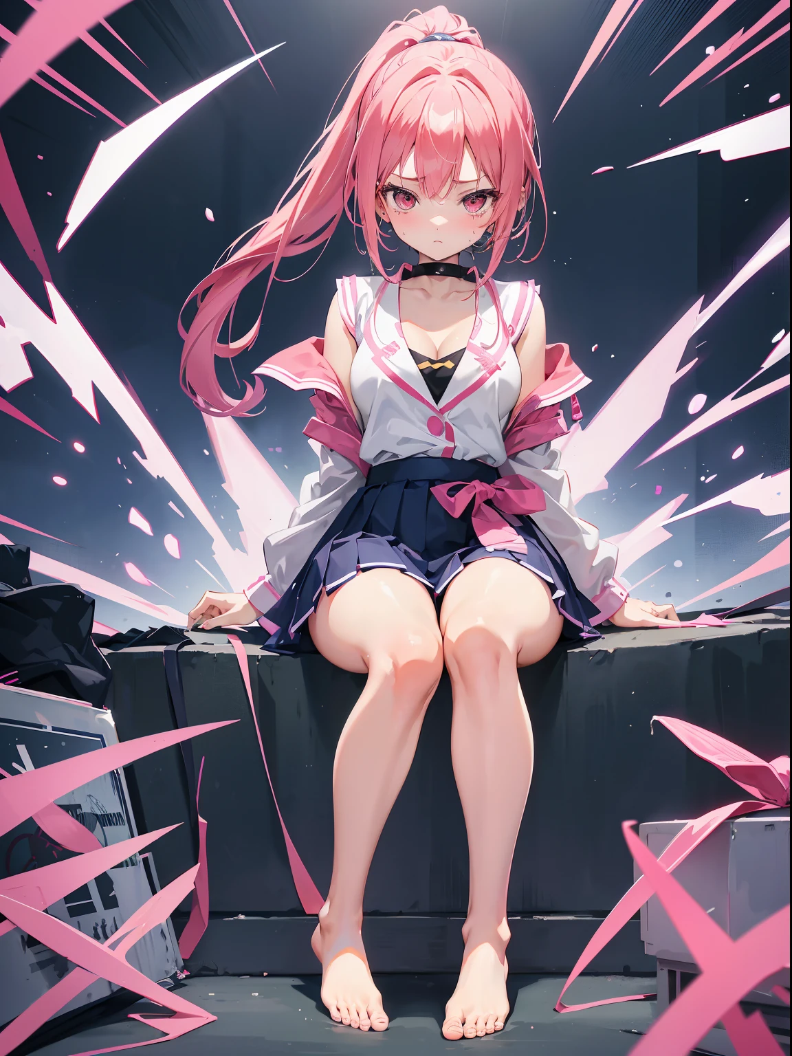 Modern teenage passionate anime style,9--old l is very nervous,Thick pink double ponytail,Cleavage is seductive,adolable,校服,puberty,sweat leggs,Wear barefoot slippers with very simple design,toes,2013 teenager,Segments of daily life in battle animations