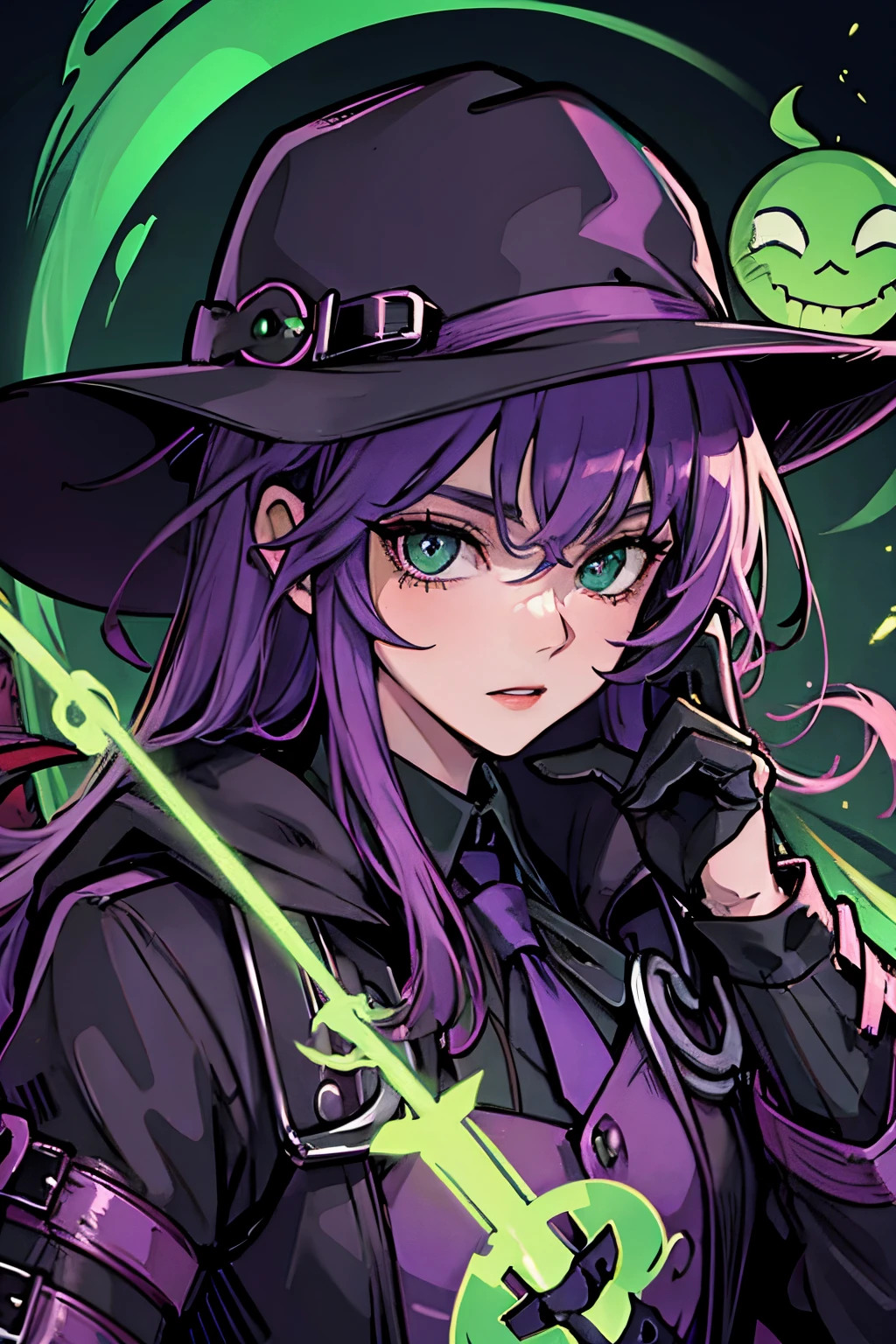 purple plague doctor with green eyes and green thunderbolts