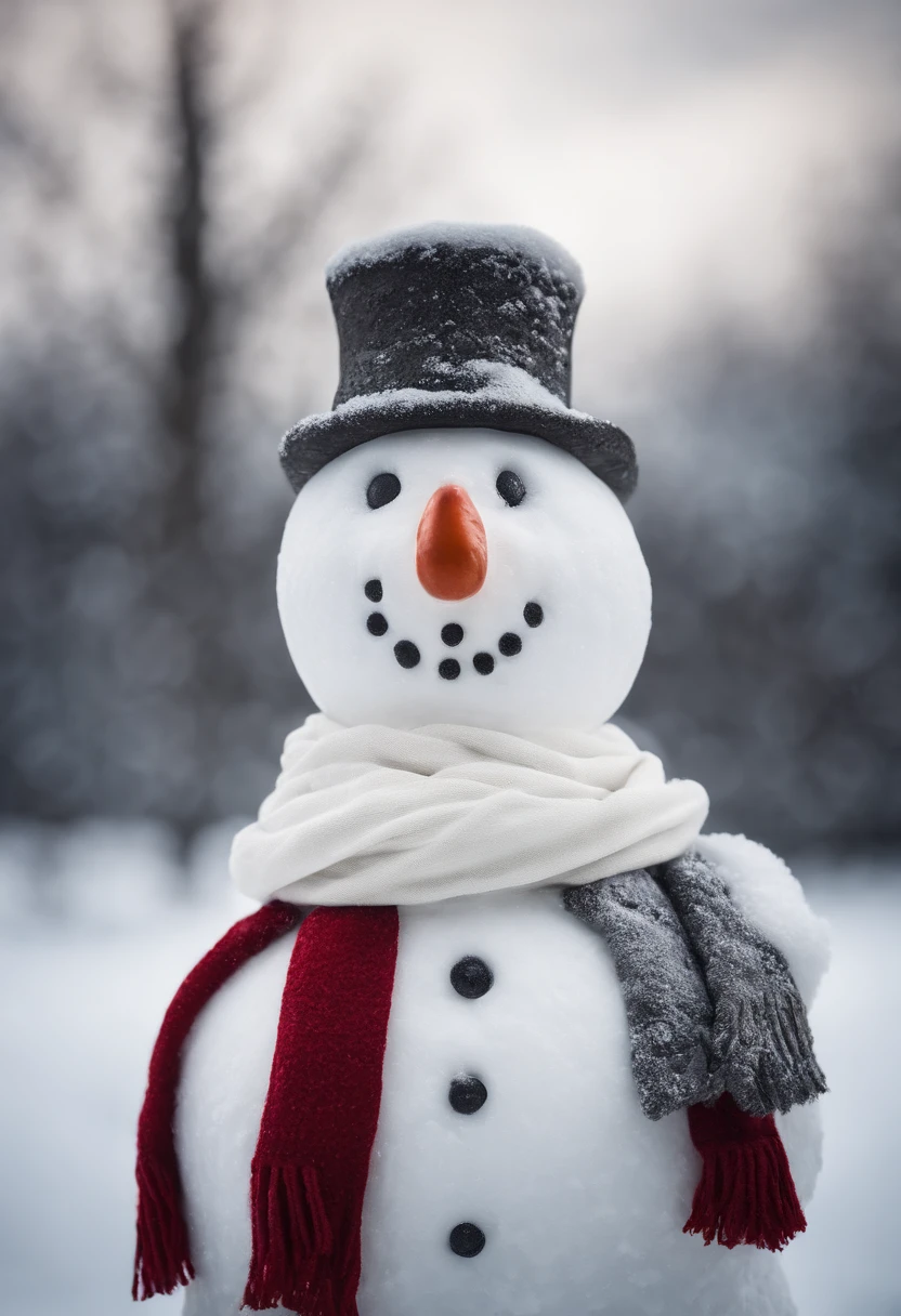 A high-resolution photograph of a beautifully sculpted snowman, complete with a carrot nose, coal eyes, and a festive red scarf, standing tall in a snowy landscape.