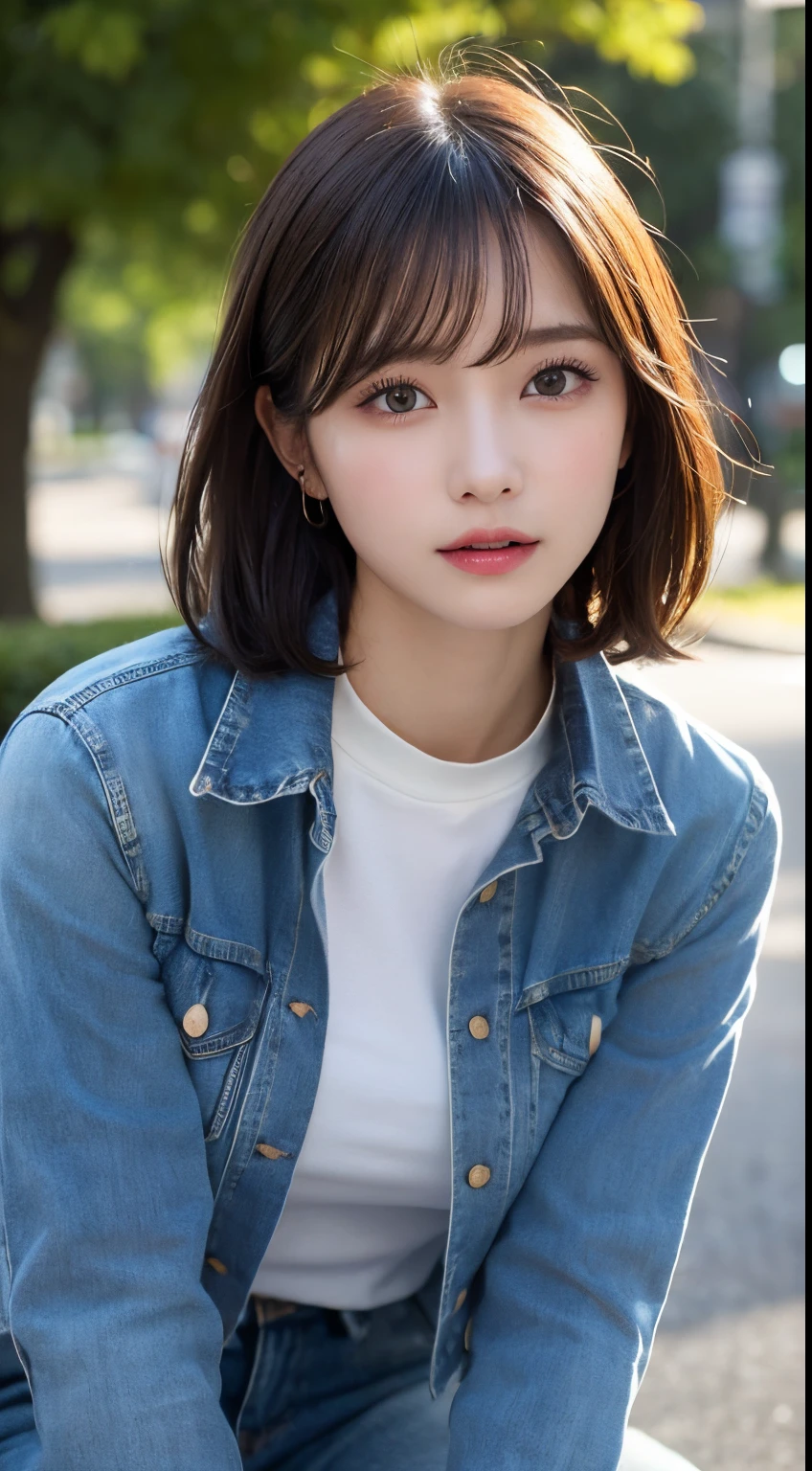 finely detail, hight resolution, hightquality、Perfect dynamic composition, Beautiful detailed eyes, Medium Hair, small tits、Natural Color Lip,Kamimei、Shibuya、20 years girl、1 persons、Transparent skin、Glowing hair、masutepiece, Best Quality, Ultra-detailed, finely detail, hight resolution, 8K、The correct state of the human body、crouching down、Gravure Model Pose,Beautiful sunset,Park Garden,beautiful ilumination,Photographed with hair fluttering in the wind,((Clothes are wet and see-through,White shirt with long sleeve collar:1.5,denim pant:1.5,))