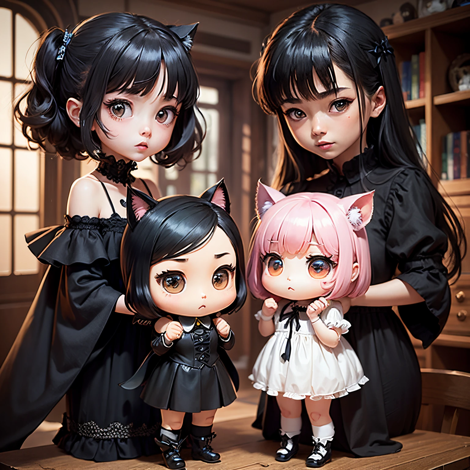best quality, skinny Cat Girl Beauties, Multiple Girls, (Various Hair-styles:1.2), (Various Hair-colors), (Various Boob-Sizes), ((diverse and cute Lingery:1.2)), Welcoming, 5 Sisters, Family-Portrait, Close Contact, Full-Body