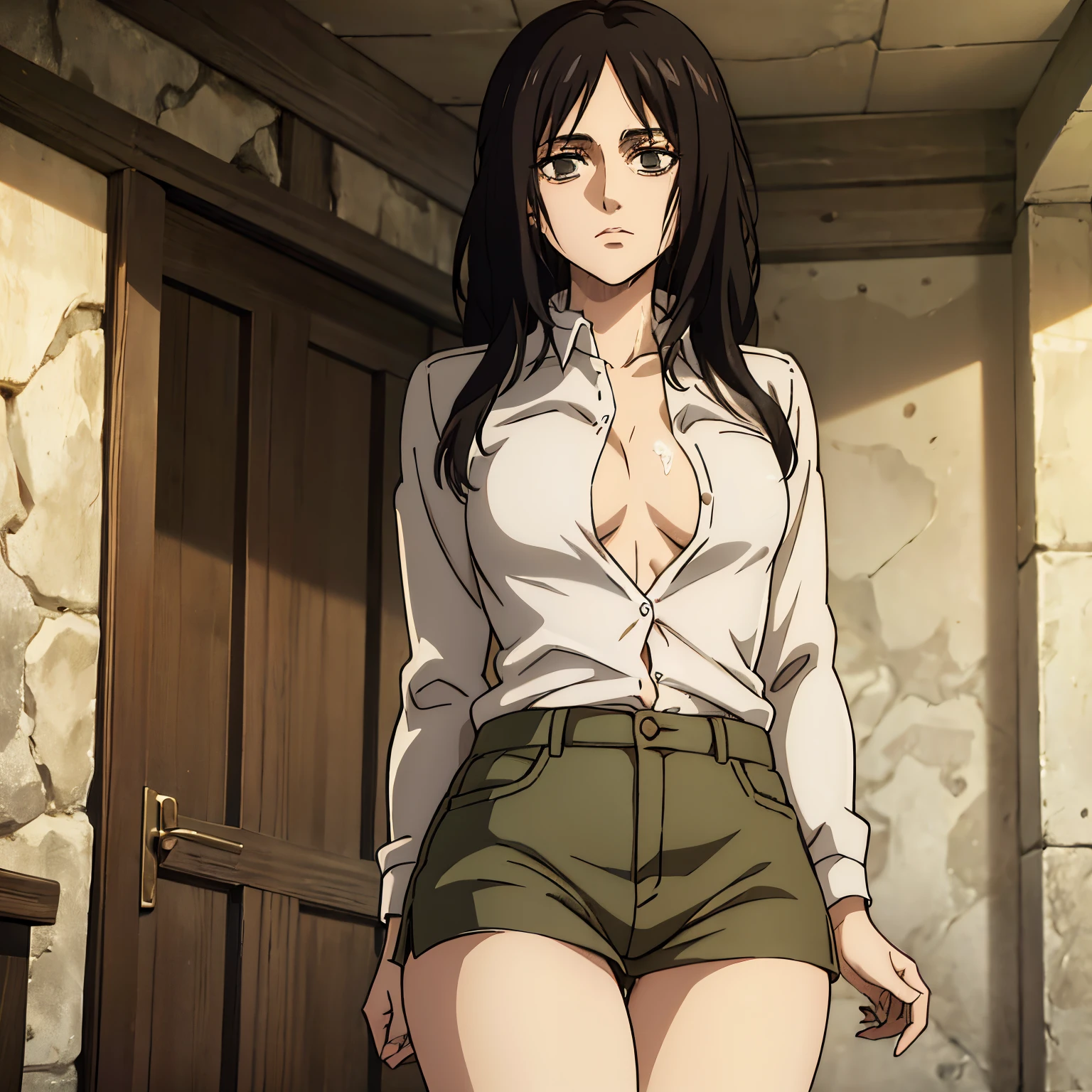 (((Pieck))), 1girl, high-res, absurd res, masterpiece quality, , looking at viewer, hands on thighs, unbuttoned shirt, explicit, cum on face