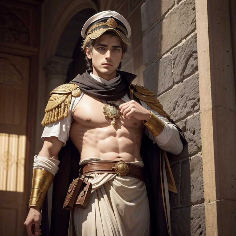High Art - Portrait of Apollo, god of love and beauty. ! His beauty is incredible . body structure - perfection ! Handsome young man . naked. only a loincloth . perfect chest muscles and big nipples on the chest . Emerald eyes . blonde hair ,on the neck there is a gold chain with a sparkling pendant and on the hand there is a sparkling bracelet. In the Golden Palace ! A photographic portrait of Apollo at his best ! top quality.