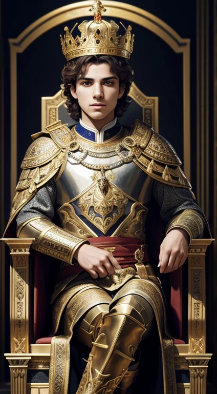 The young greek king sitting on the throne of the royal palace,(splendid,Epic composition),Be intimidating,ornate armour,A palatial crown,vague background,natural lightting,Highly detailed 8K, vector, minimalism, photorealistic