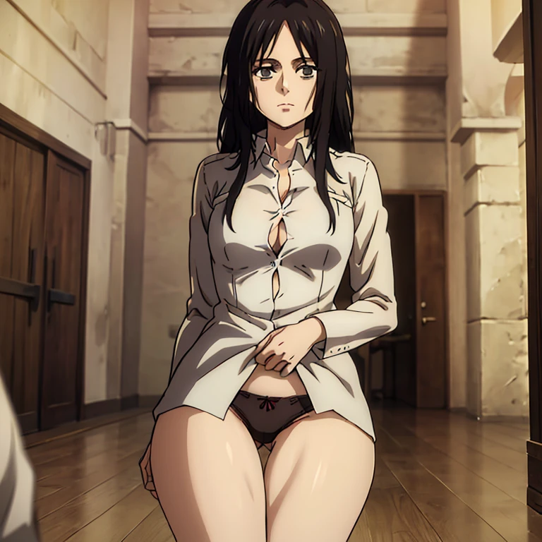 (((Pieck))), 1girl, high-res, absurd res, masterpiece quality, , looking at viewer, hands on thighs, unbuttoned shirt, explicit, thigh focus, legs spread, panties