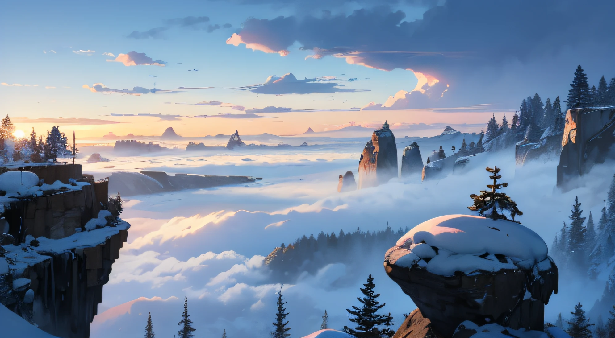 Nice 8KCG Wallpapers, very fine 8K CG wallpaper, watercolor (medium), Blue skies, wintery, snow rocks, Foggy Streets, Vacant lot, winter mountain, thick fog, Vacant lot, shady land, overcast sky, Overcast, (((wide terrain on top of a cliff))), cliff, pine trees, conifer, big and small rocks