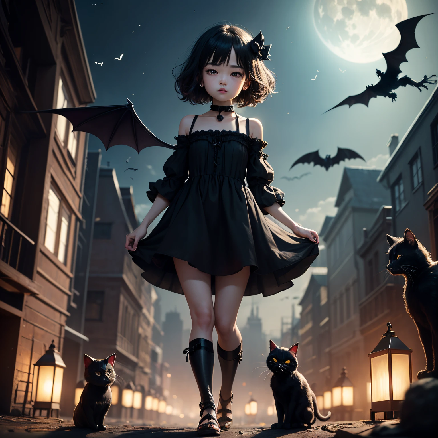 ​masterpiece、top-quality、ultra-detailliert、(1 daughter of a chibi character:1.2)、A dark-haired、Black nightdress、a dark night、(Black crow:1.1)、(Black bat:1.1)、(Black cat:1.1)、Standing、Shout