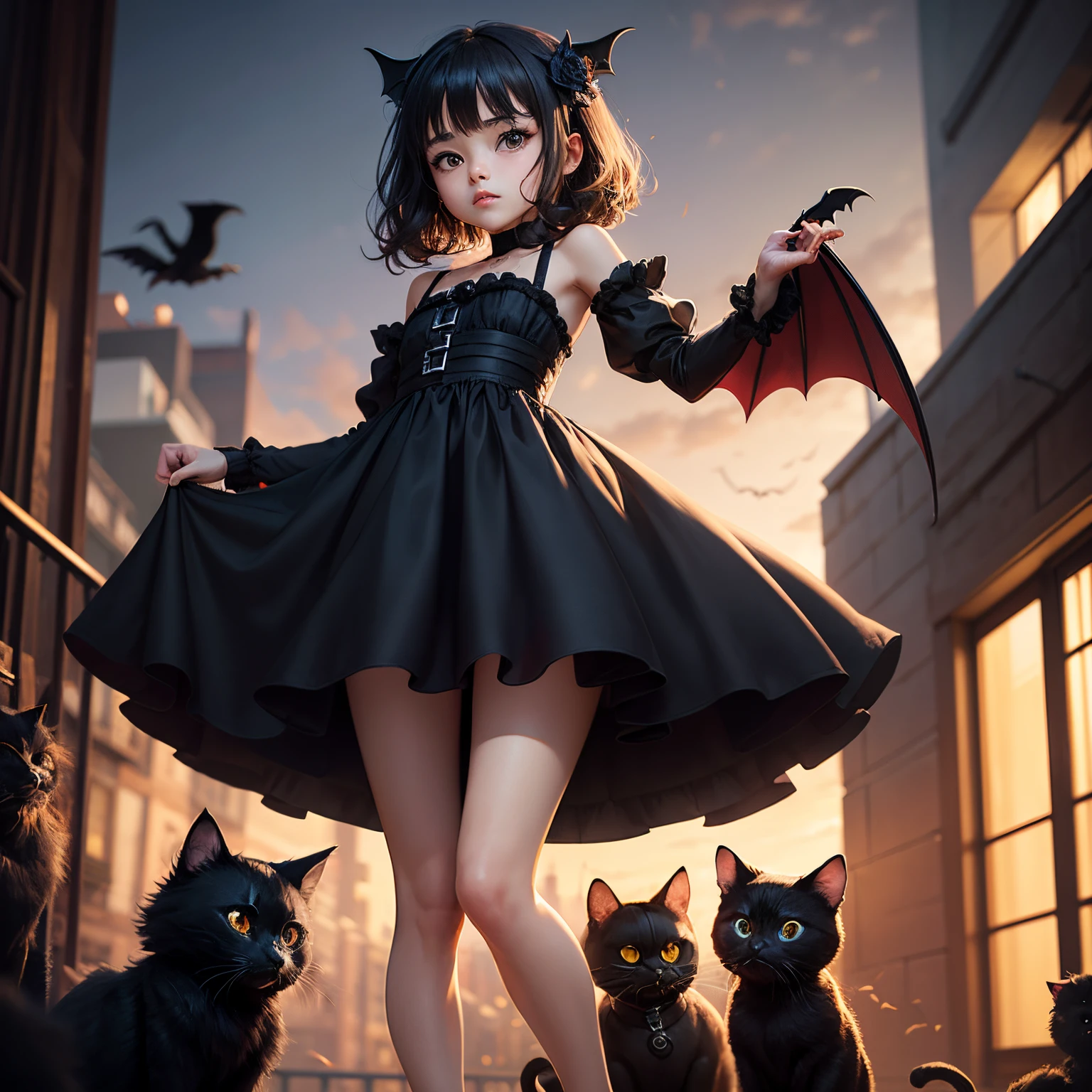 masterpiece、top-quality、ultra-detailliert、(1 daughter of a chibi character:1.3)、A dark-haired、Black nightdress、a dark night、(Black crow:1.1)、(Black bat:1.1)、(Black cat:1.1)、Standing、Shout