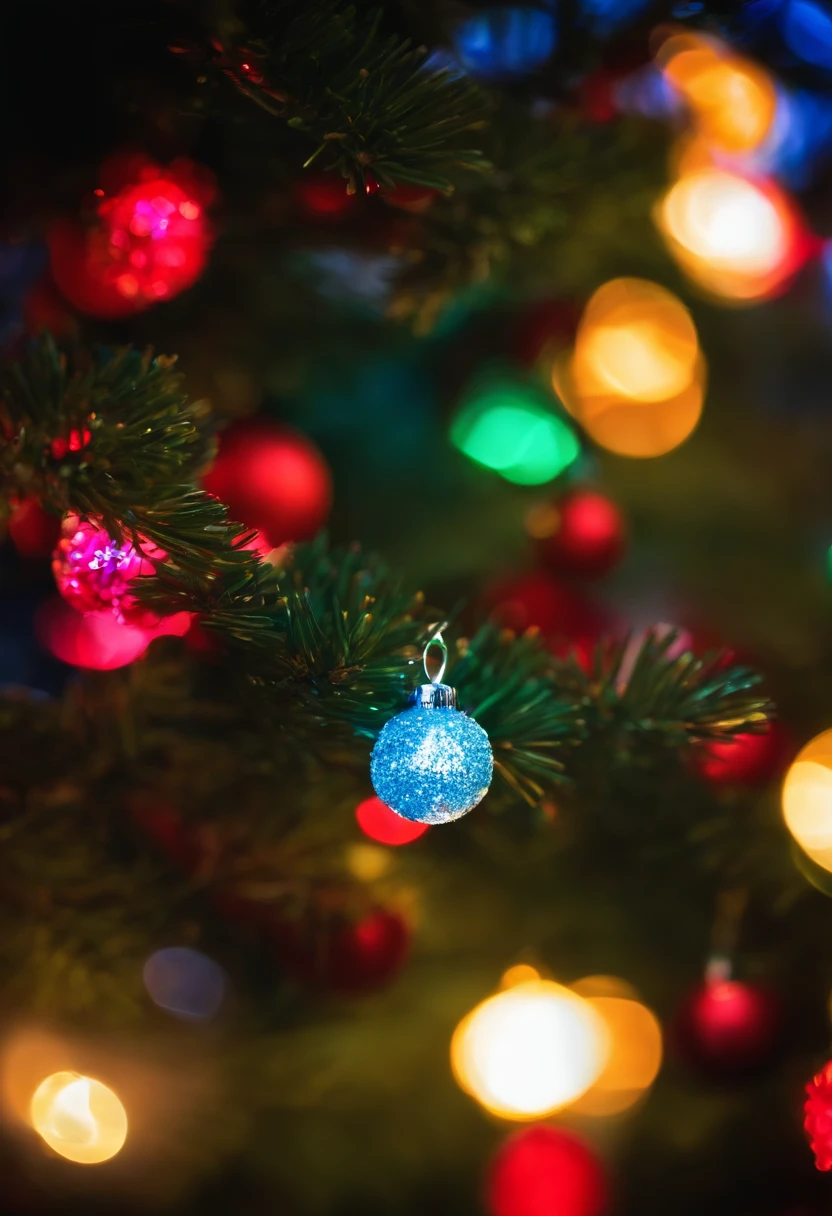 A high-resolution photograph of vibrant, multicolored Christmas lights wrapped around a beautifully decorated tree, creating a mesmerizing display of color and warmth.