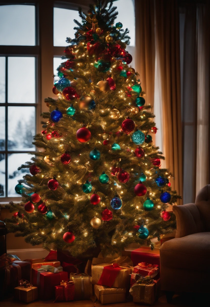 A high-resolution photograph of vibrant, multicolored Christmas lights wrapped around a beautifully decorated tree, creating a mesmerizing display of color and warmth.