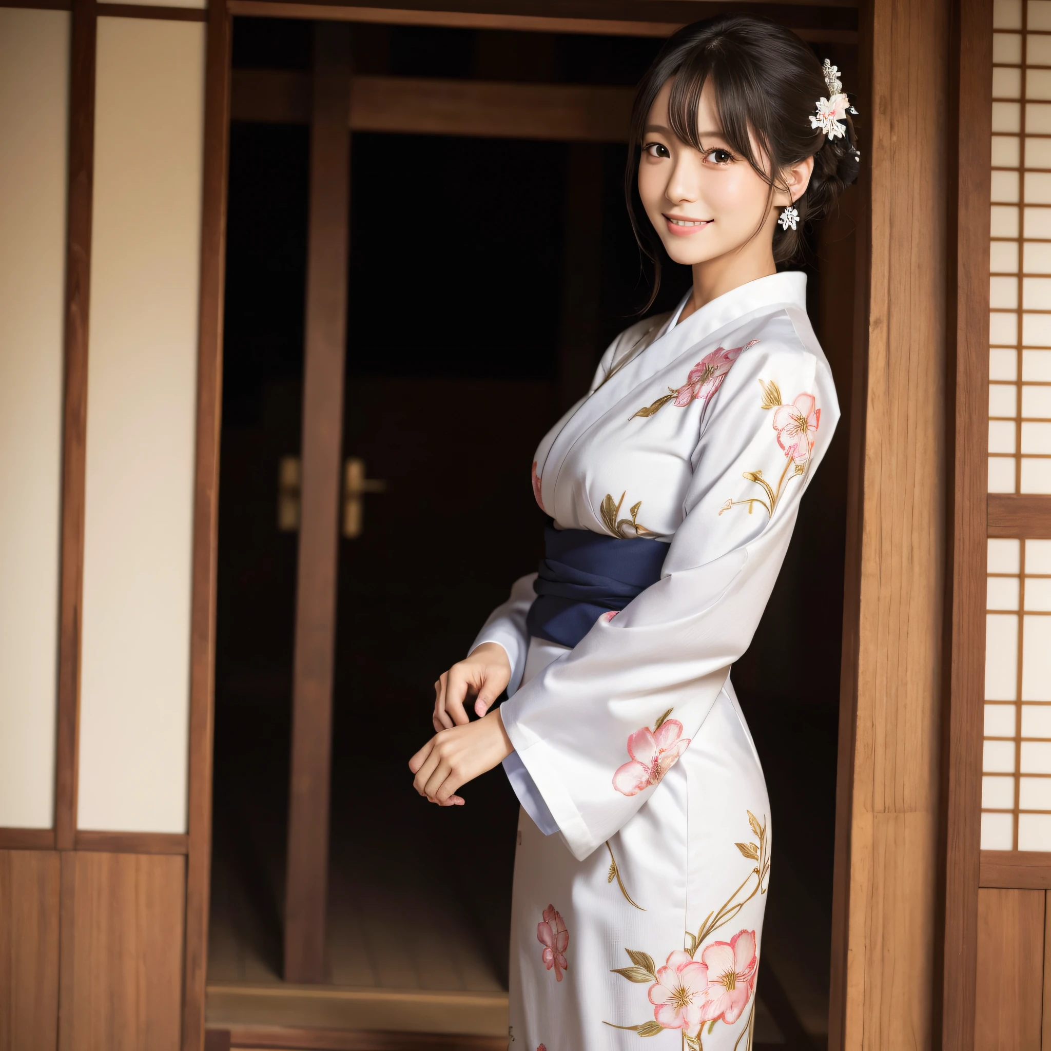 Beautiful woman in neat Japanese clothes、((best qualtiy、8k masterpieces:1.3))、foco nítido:1.2、(ultra beautiful faces:1.0)、(shinny skin:1.0)、photos realistic、A dark-haired、Video Lighting、High-definition eyes and face、Video Lighting、Japan Idol Actress、from the front side、medium breasts、Smile、Slender Abs Beauty、Whole body、In furisode