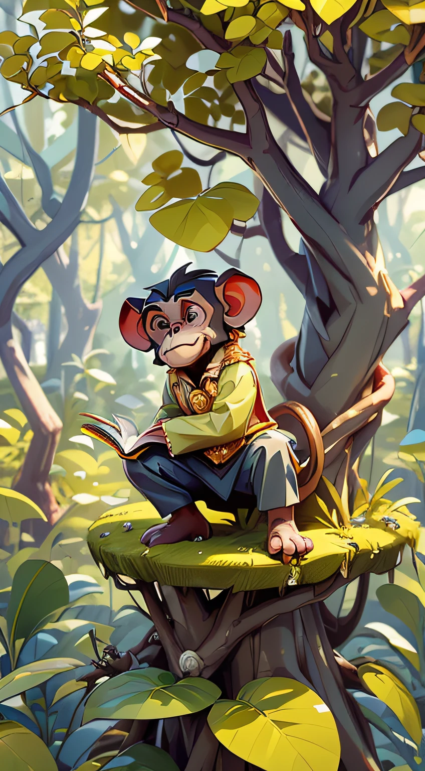 create an image of a young chimpanzee that is small and thin, and wears golden prince's clothes, and is on top of a tree. is holding a book, handing the book to a human businessman, who is on the ground facing the tree. in the style of the movie Planet of the Apes. are in a forest