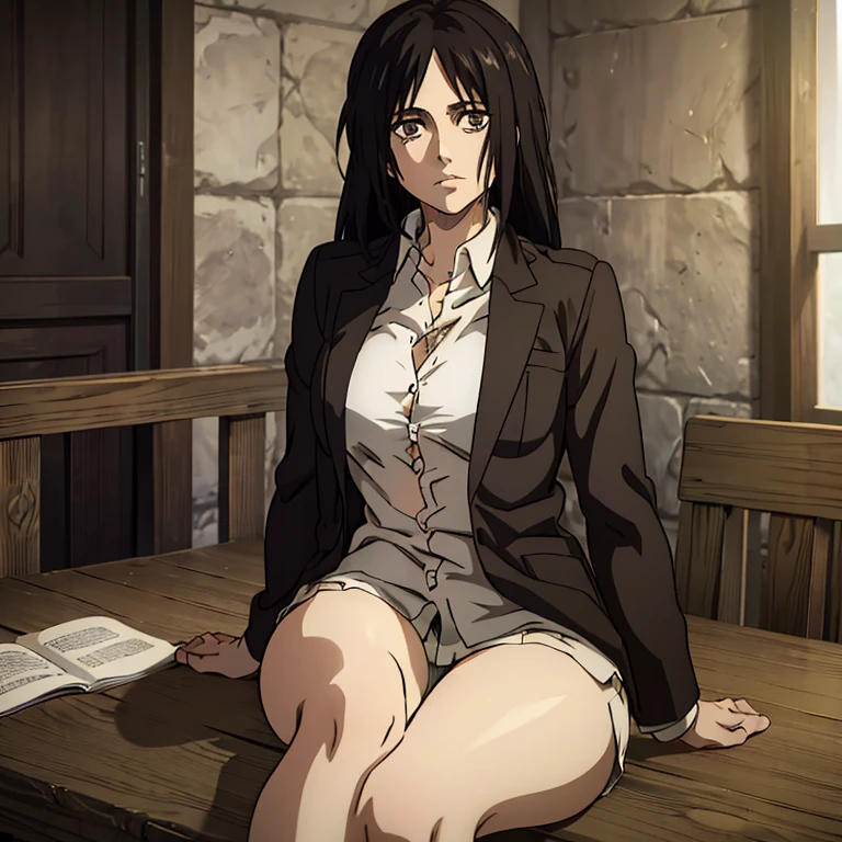 (((Pieck))), 1girl, high-res, absurd res, masterpiece quality, , looking at viewer, hands on thighs, unbuttoned shirt, explicit, thigh focus, legs spread, bra
