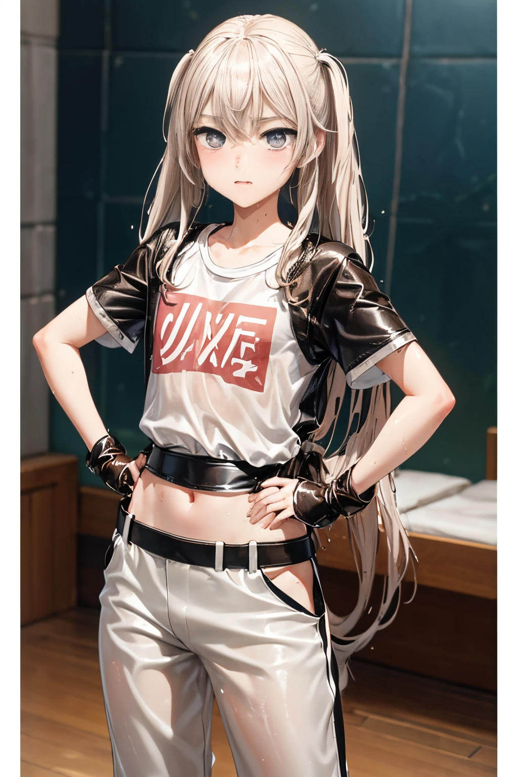 realisticlying、 1 人、ligh brown hair、Longhaire、((Twin-tailed))、cowboy shot、radiant eyes、((Wet white t-shirt)), pointed Nipple、((leather pant))、Taken from the front, ((Put your hands on your hips))