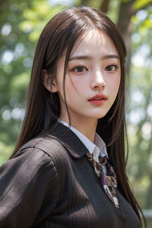 photorealistic, masterpiece, best quality, raw photo, 1girl, solo, long hair, brown hair, detailed face, alluring face, collared shirt, medium breasts, dynamic pose, looking at viewer, from below, detailed background, fine detailed, intricate detail, ray tracing, depth of field, low key, hdr