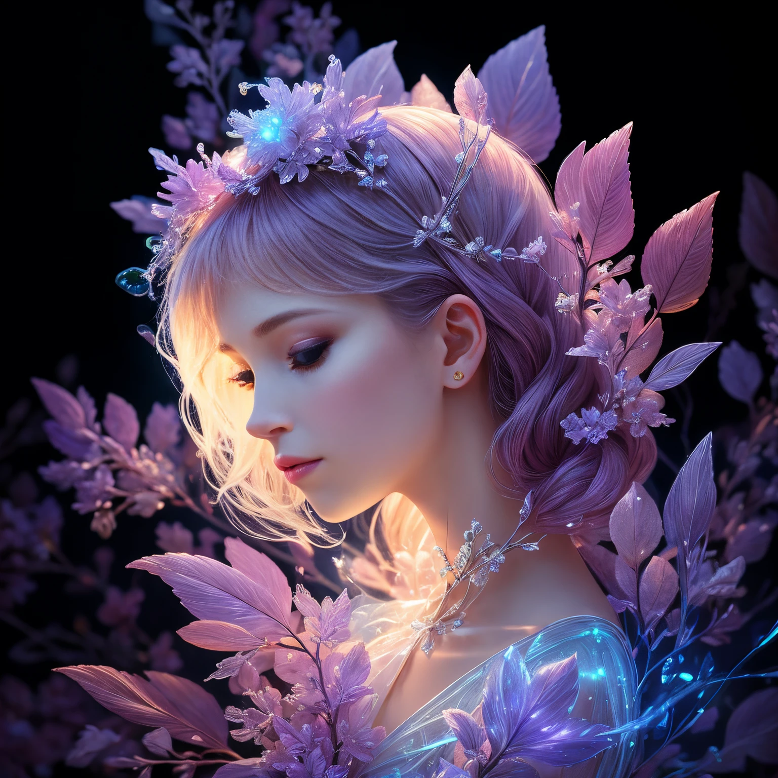 branch of delicate lilac flowers, super transparent, holy light, beautiful spectral light, petals glow, flashing, dark background, drops of transparent light, reflective light, bright, light streaming in, optics, portrait profile, sharp focus, magical, intricate, ultra realistic, fantasy, composition, light, trend on artstation, pearl, patronus cloud of silvery vapor, corrosive enveloping ray family, 8k, ureal ar 23v4 uplight