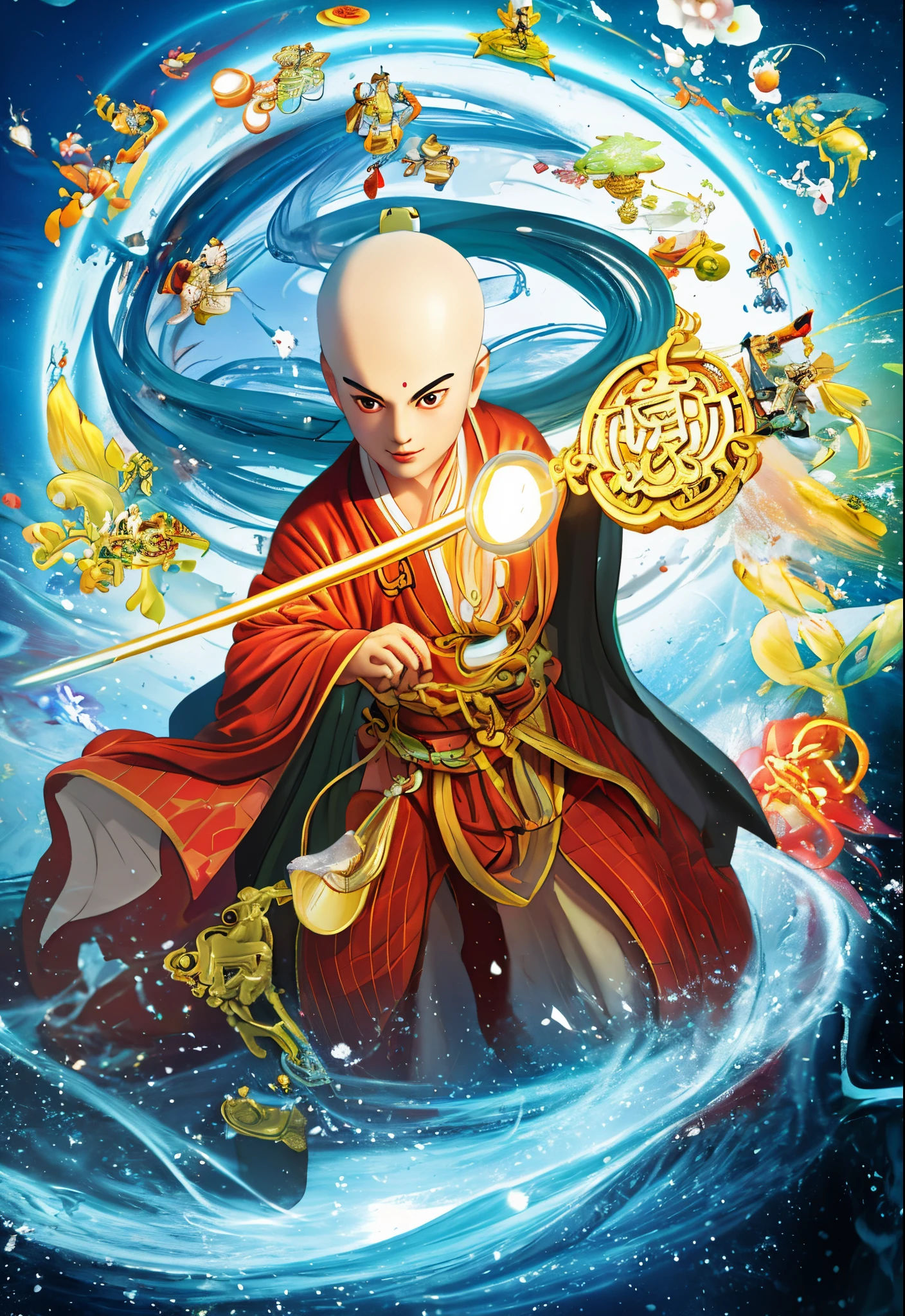 a cartoon of a man with a long beard holding a golden key, concept art of a monk, aang, inspired by Zhao Mengfu, loong, avatar aang, fisting monk, inspired by Chen Daofu, handsome saitama, inspired by Zhao Yuan, by Qu Leilei, bo feng, smart tai warlord, by Yu Zhiding