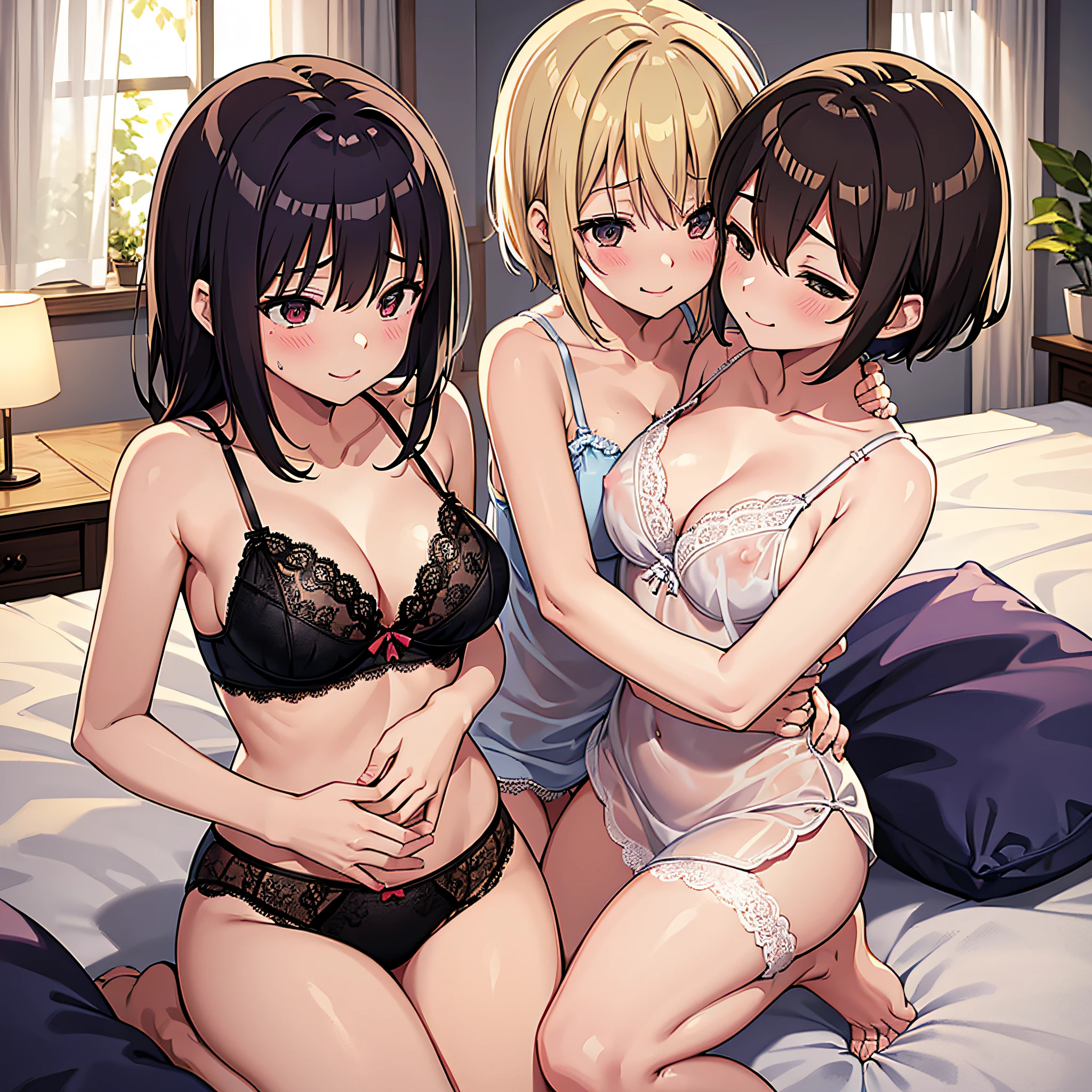 (Best Illustration, masutepiece, nsfw) Bed in the bedroom, lots of disheveled bras, two married women hugging each other on the bed, see-through camisole, lace micro underwear, lesbian, naughty smile