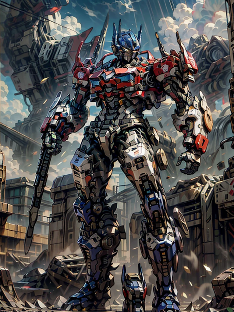 ((Best Quality)), ((Masterpiece)), (Very detailed: 1.3), 8K, cool painting, full of science fiction, optimus prime from transformer series standing in the city, holding a heavy machine gun, Gatling machine gun, streamlined red armor, complex weapons and equipment behind it,  mech,  aesthetics, perfect body proportions, heads-up view, standing posture, , missiles, rocks, futuristic technology, realism, dark clouds in the sky, dark war background, ray tracing, Light Particles, NVIDIA Trtx, Super Resolution, Unreal 5, Subsurface Scattering, Specular and Albedo Maps, Rule of Thirds, Large Aperture, Battle Stance, 8K Raw Data, High Efficiency Subpixels, Subpixel Convolution, Light Particle, Light Scattering, Tyndall Effect, Ray Tracing.