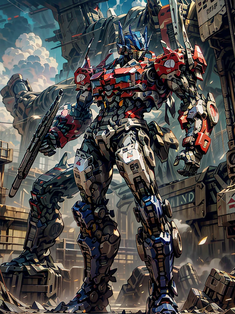 ((Best Quality)), ((Masterpiece)), (Very detailed: 1.3), 8K, cool painting, full of science fiction, optimus prime from transformer series standing in the city, holding a heavy machine gun, Gatling machine gun, streamlined red armor, complex weapons and equipment behind it,  mech,  aesthetics, perfect body proportions, heads-up view, standing posture, , missiles, rocks, futuristic technology, realism, dark clouds in the sky, dark war background, ray tracing, Light Particles, NVIDIA Trtx, Super Resolution, Unreal 5, Subsurface Scattering, Specular and Albedo Maps, Rule of Thirds, Large Aperture, Battle Stance, 8K Raw Data, High Efficiency Subpixels, Subpixel Convolution, Light Particle, Light Scattering, Tyndall Effect, Ray Tracing.